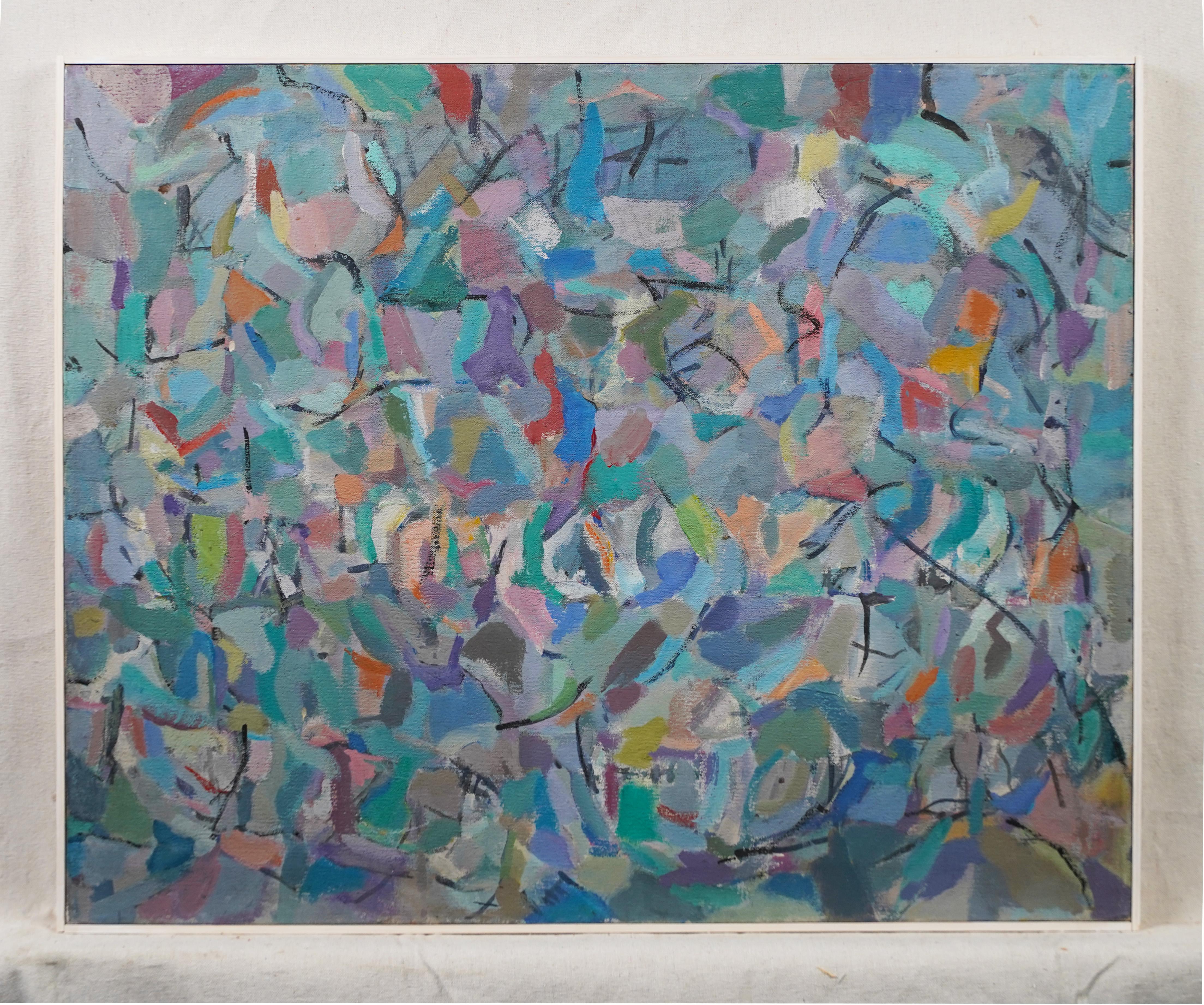 Ancienne peinture à l'huile abstraite moderniste américaine.  Huile sur toile.  Encadré.  Taille de l'image, 30L x 24H.