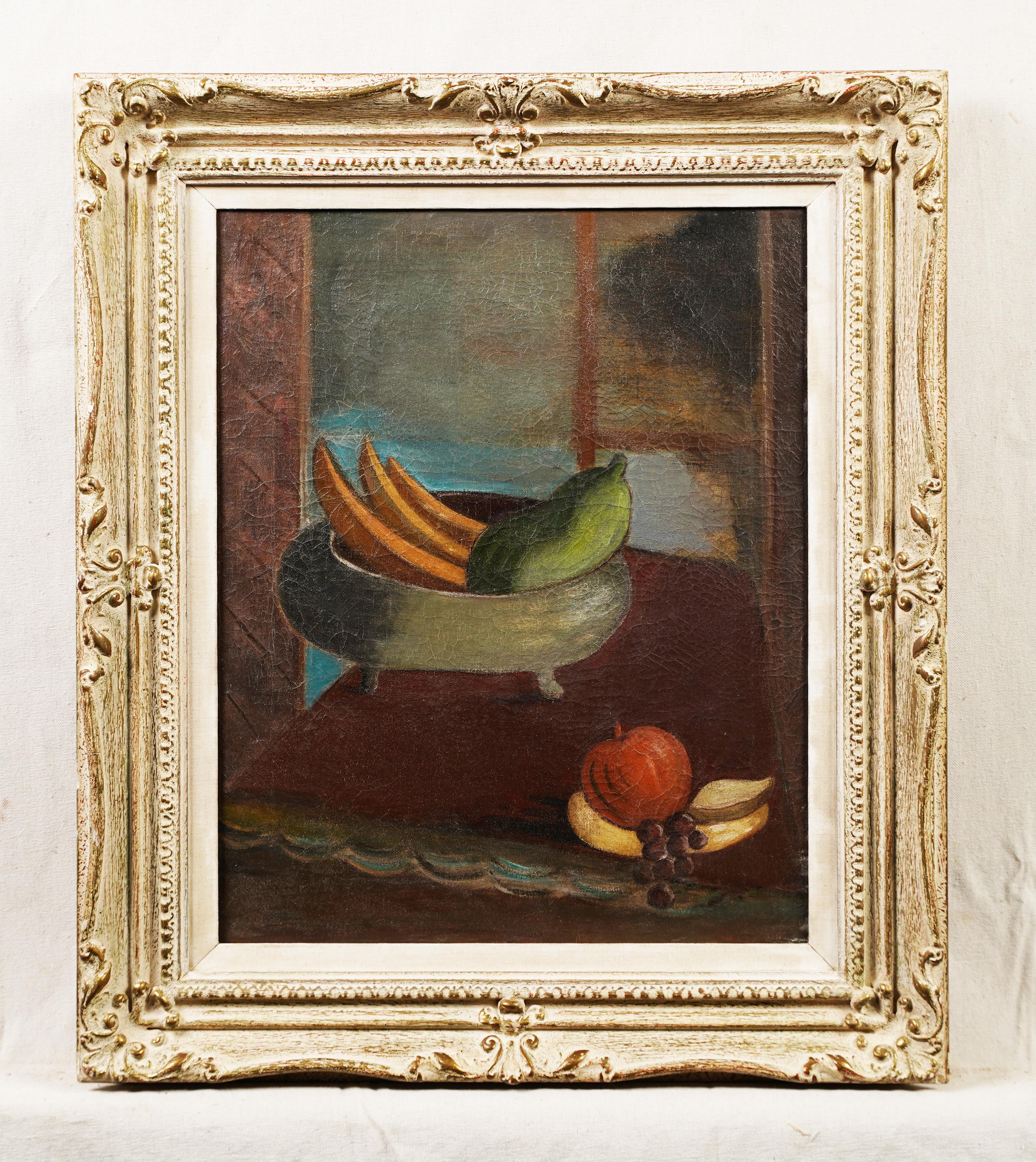 Antique American modernist still life oil painting.  Oil on canvas.  Framed.  Image size, 16L x 20H.