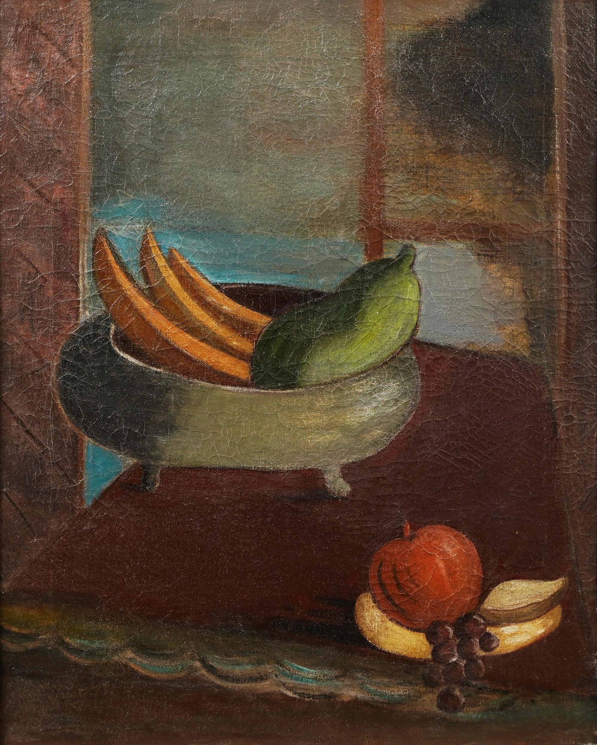  Gerahmtes modernes Obst-Ölgemälde der amerikanischen Schule, Stillleben (Braun), Interior Painting, von Unknown
