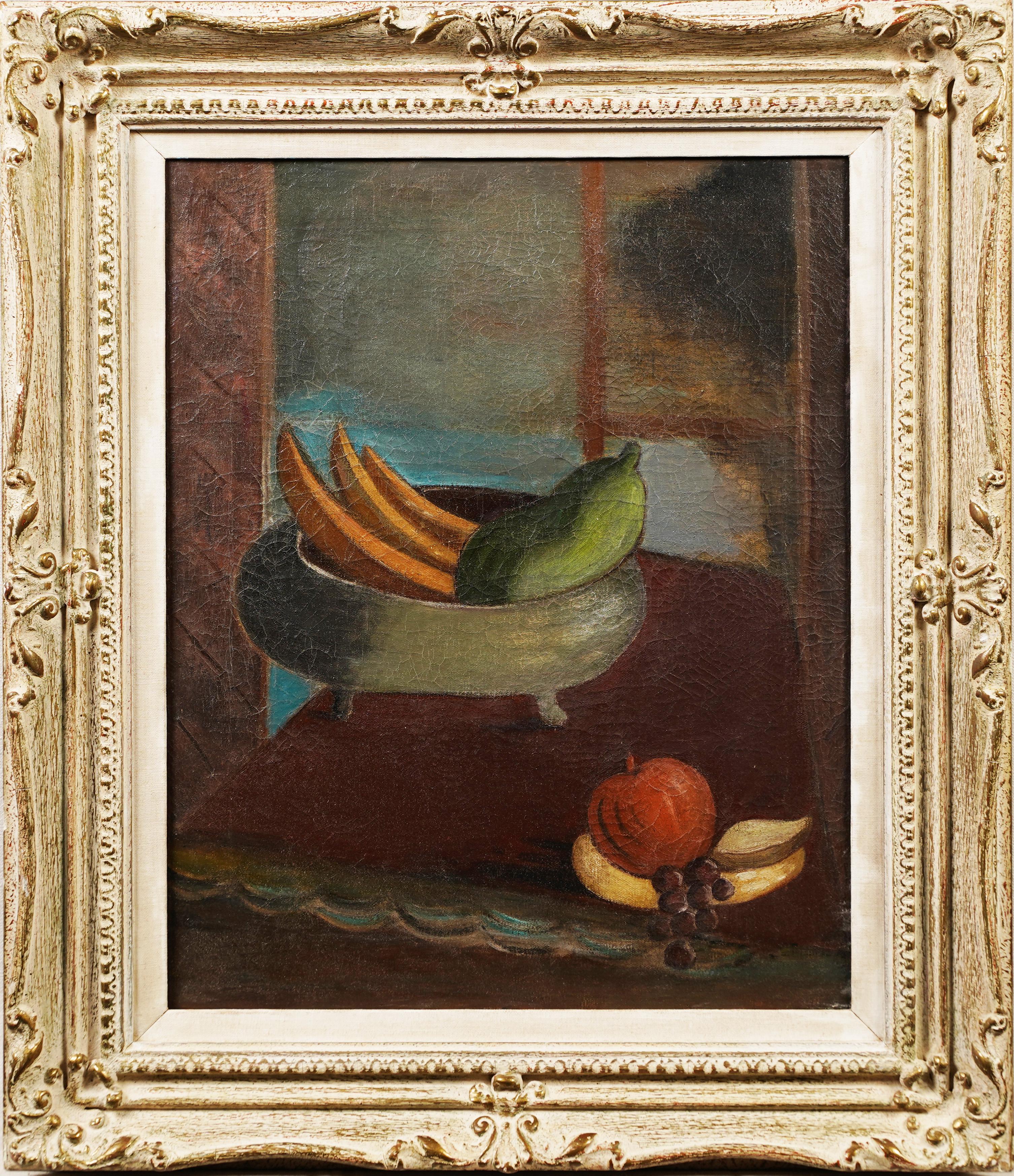  Ancienne peinture à l'huile encadrée de l'école américaine Modernity Kitchen Still Life Fruit
