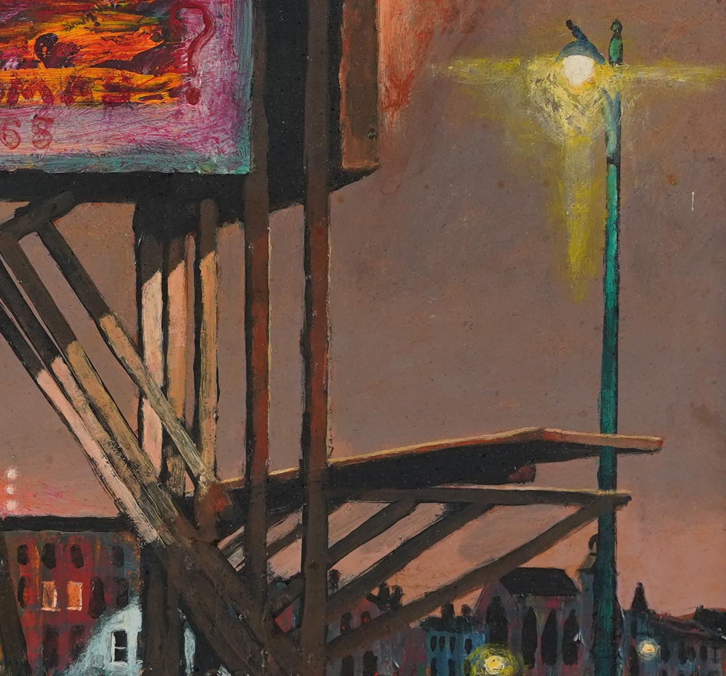 Antiguo cuadro al óleo modernista enmarcado de la Escuela Americana Paisaje urbano nocturno - Landscape Painting Marrón de Unknown