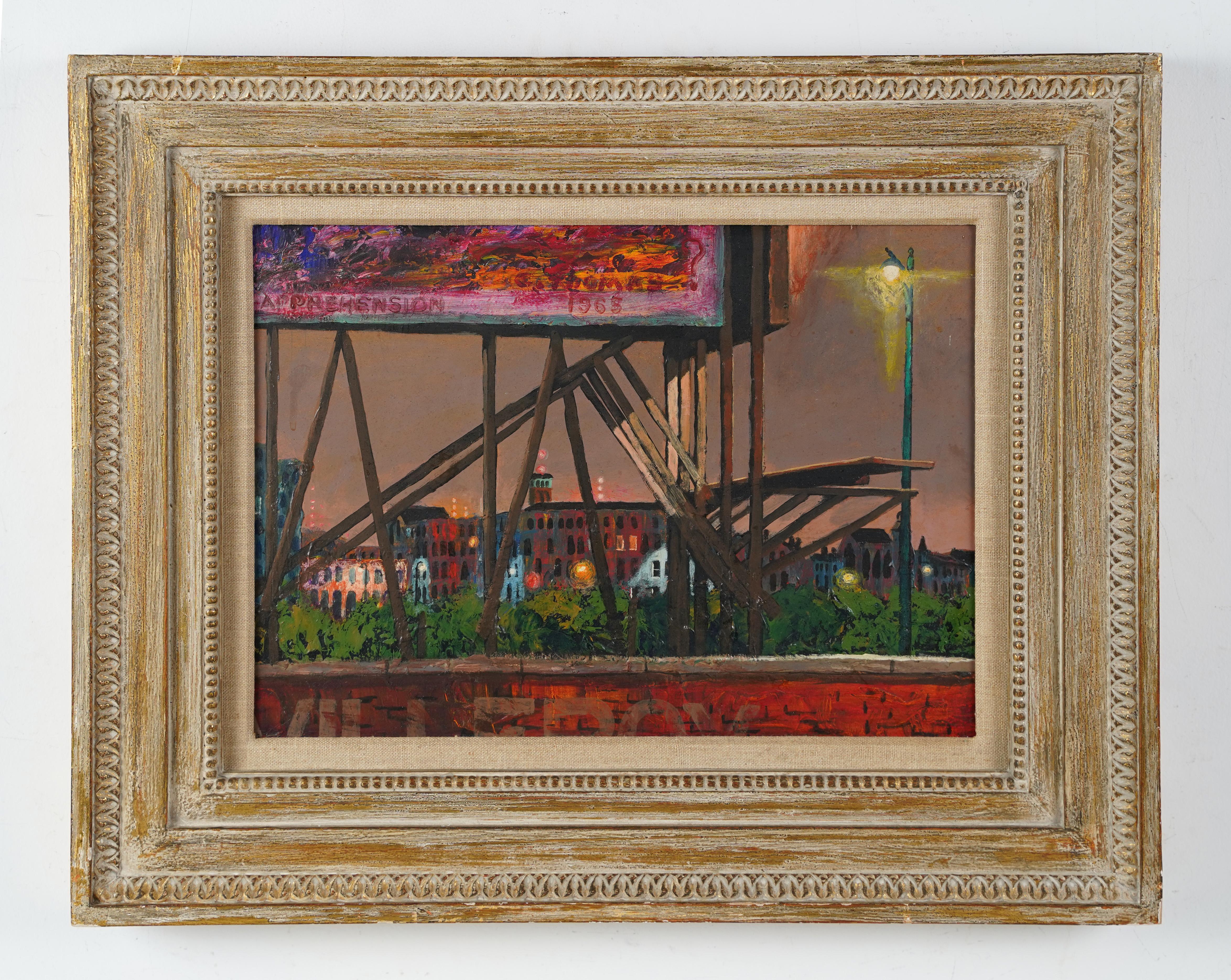 Unknown Landscape Painting -  Antique American School Framed Modernist Nocturnal Cityscape Urban Oil Painting