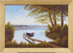 Antique American School Framed Signed Serene Lake Landscape Original Painting