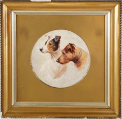  Antique American School Framed Terrier Dog Portrait Original Oil Painting