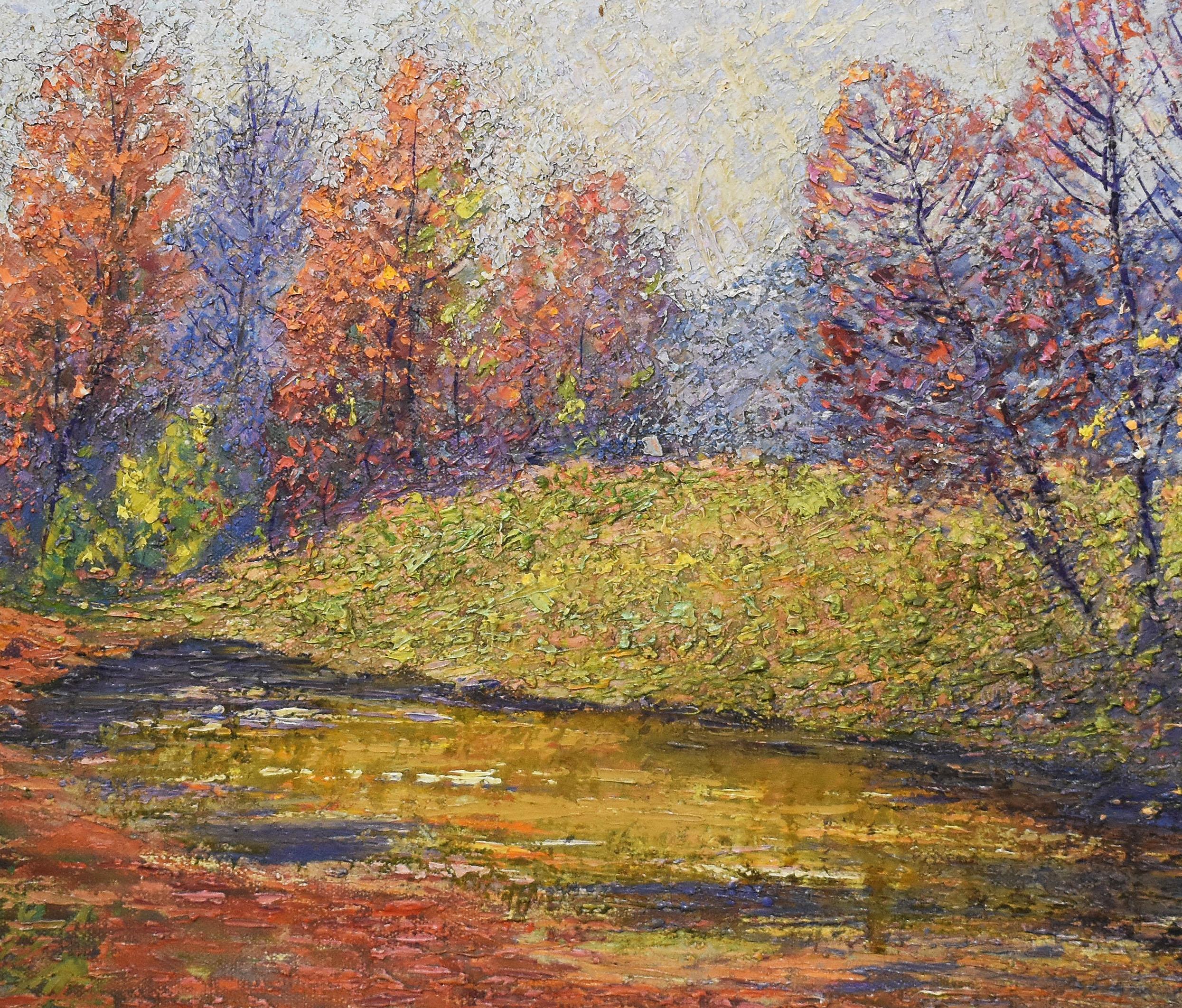Antique American School Heavy Impasto Fall Landscape Original Fauve Oil Painting - Gray Abstract Painting by Unknown