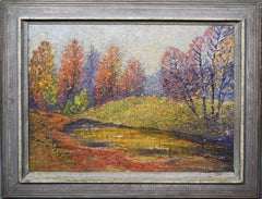 Antique American School Heavy Impasto Fall Landscape Original Fauve Oil Painting