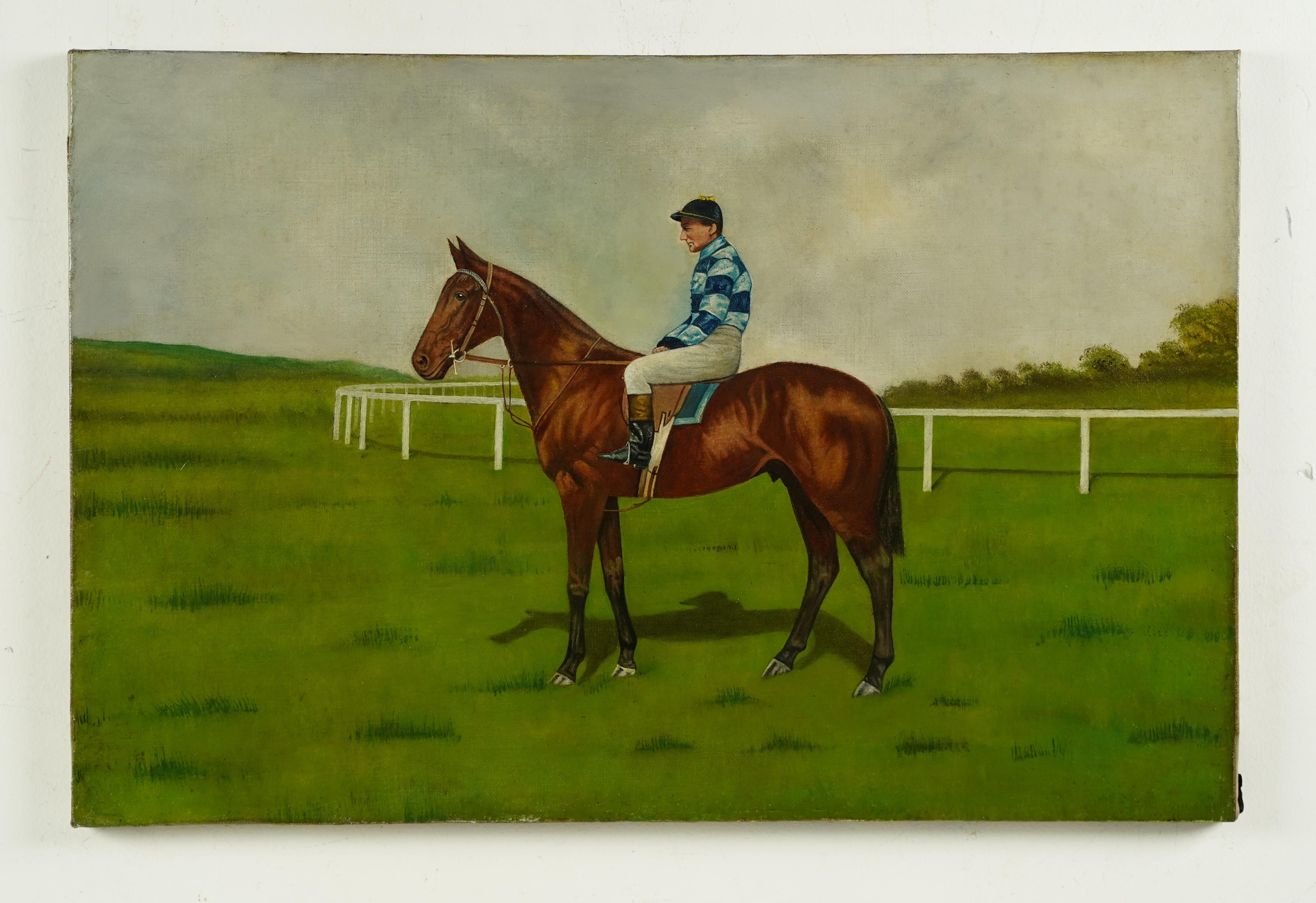 Antique American school horse landscape oil painting.  Oil on canvas. 