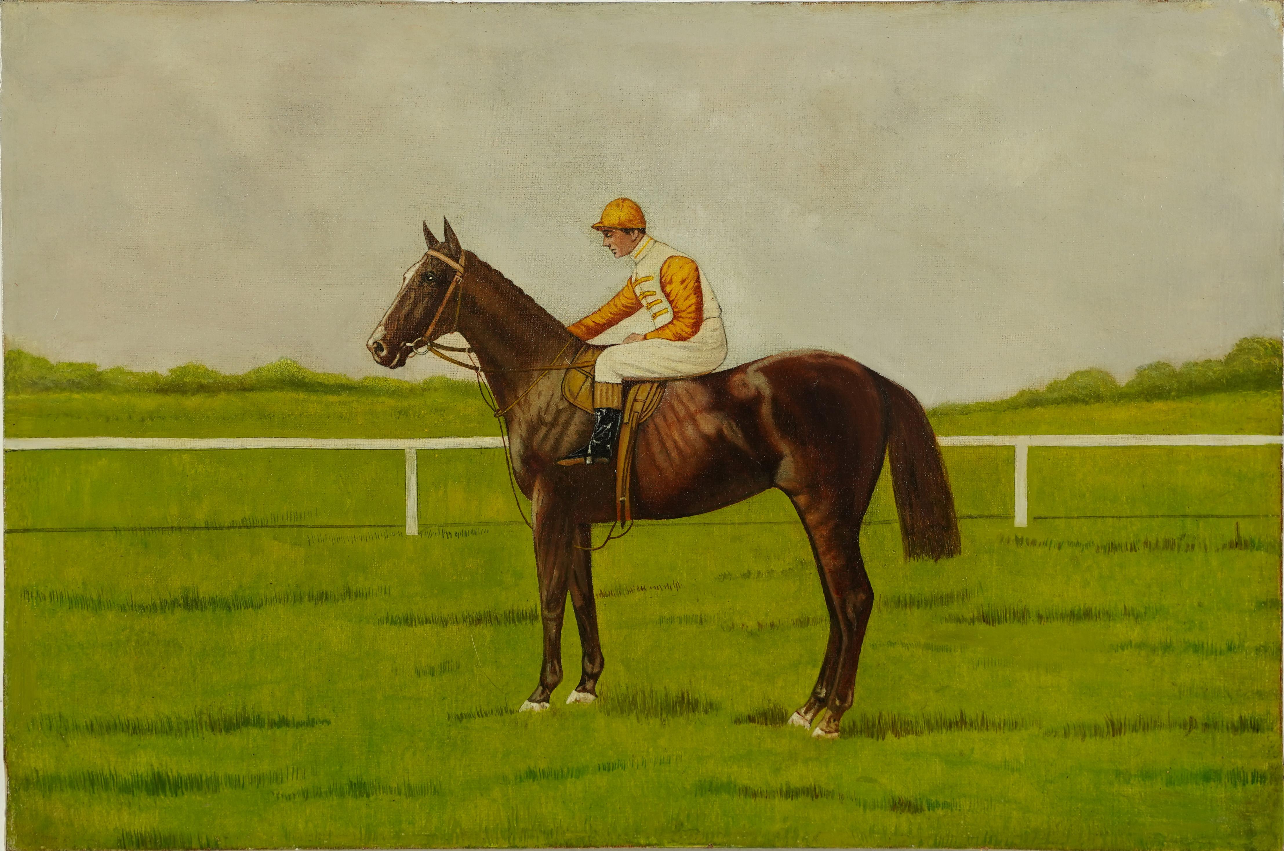 Unknown Landscape Painting - Antique American School Horse Race Portrait Equine Landscape Oil Painting