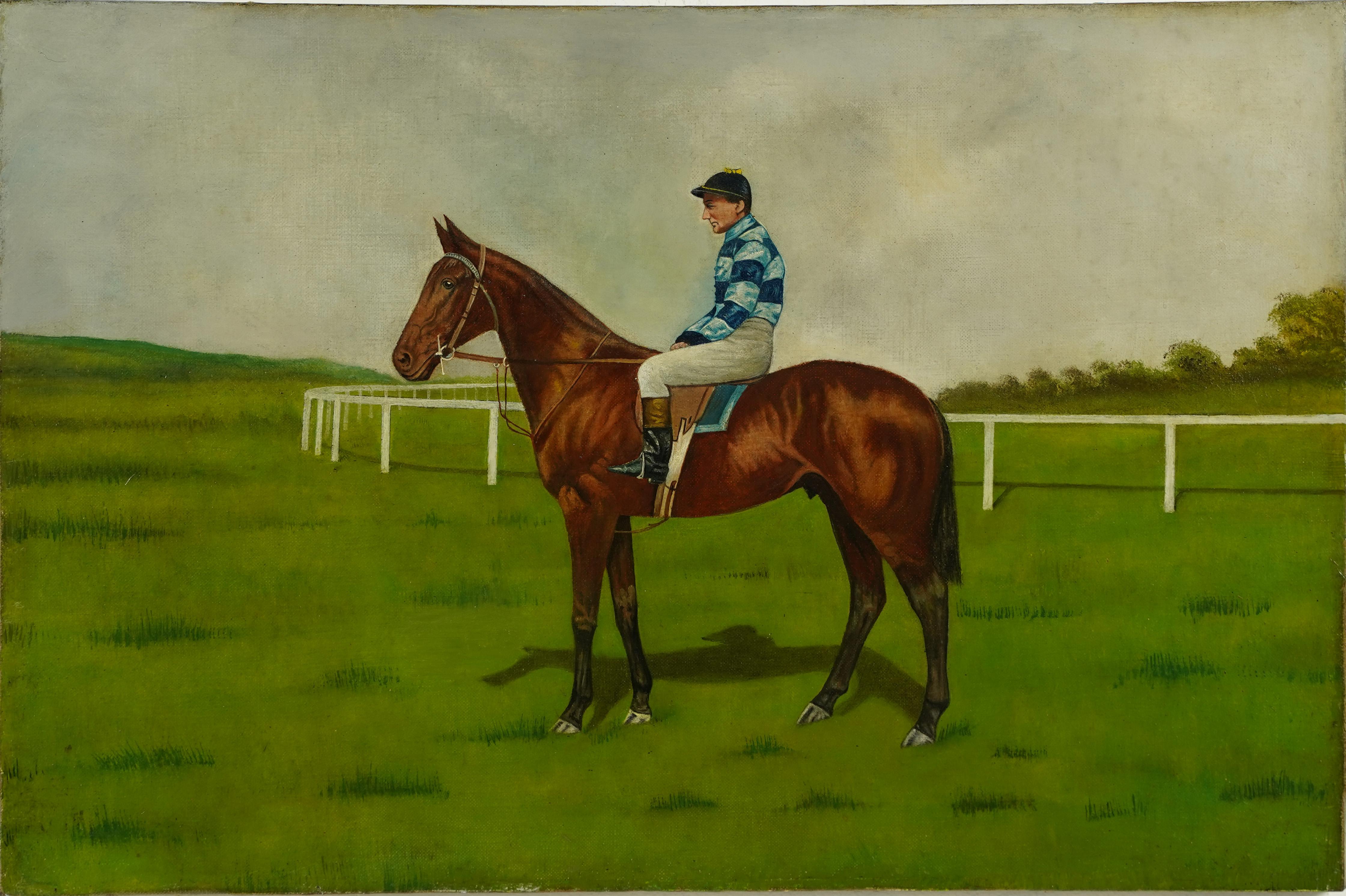Unknown Animal Painting - Antique American School Horse Race Portrait Equine Landscape Oil Painting
