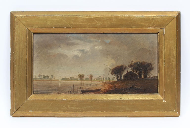 Antique American Southern School Bayou Landscape Sailboat Storm Oil Painting - Brown Landscape Painting by Unknown