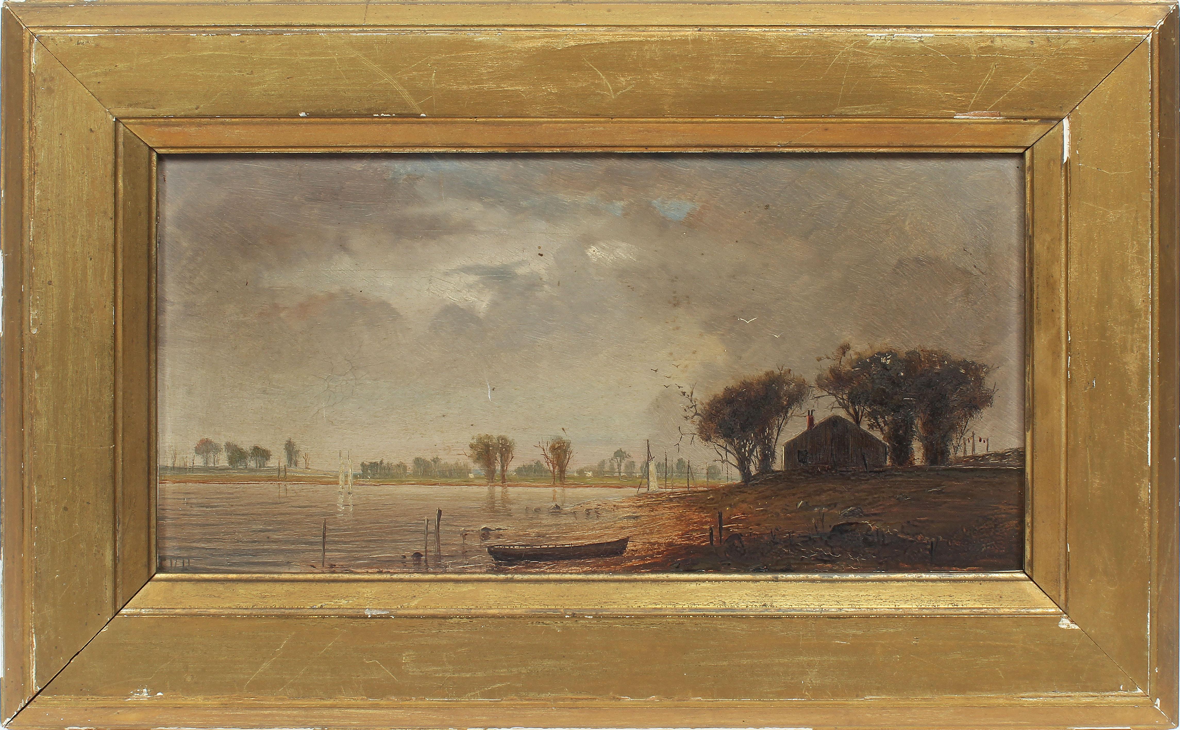Antique American Southern School Bayou Landscape Sailboat Storm Oil Painting