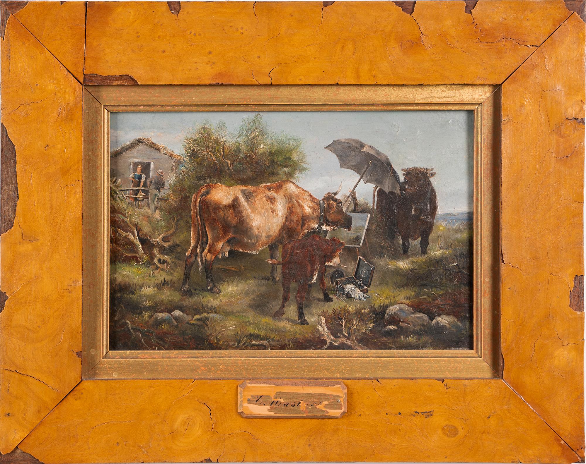 Antique American School Humorous Cow Artist Landscape Signed Oil Painting  - Brown Animal Painting by Unknown