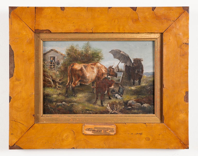 Antique American school oil painting of cows taking over for a distracted artist.  Oil on board, circa 1870.  Signed illegibly.  Image size, 9L x 6H.  Housed in a period wood frame.
