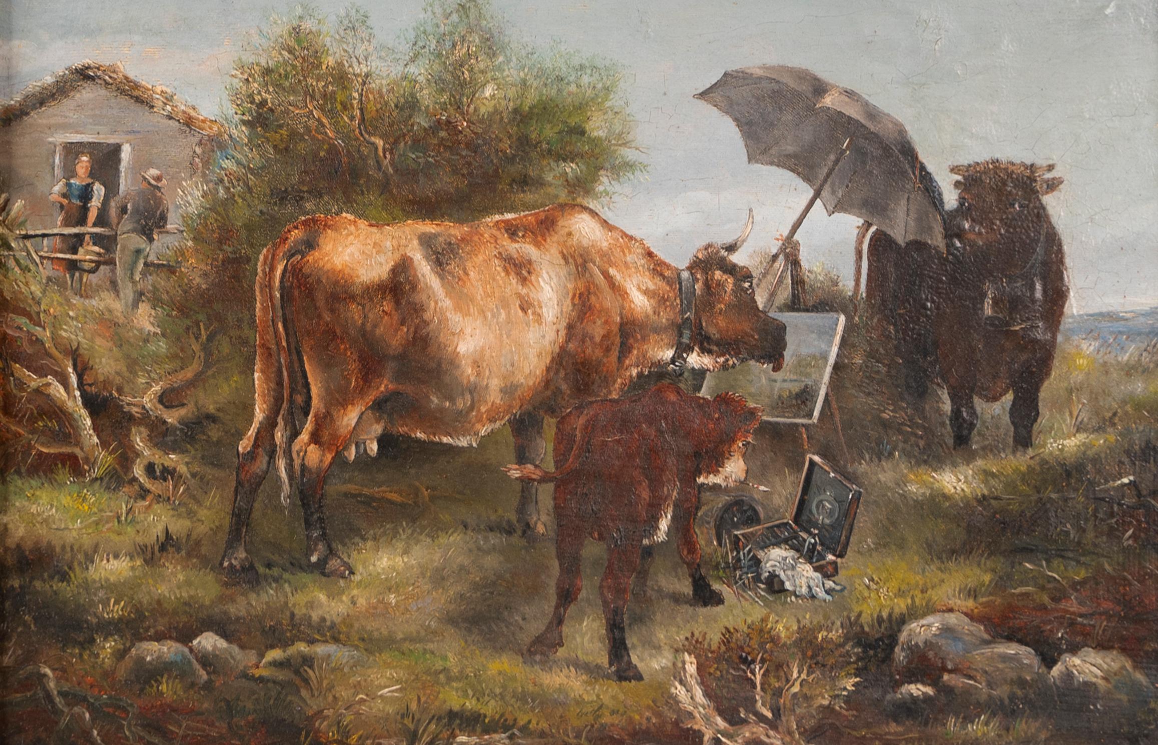 Antique American School Humorous Cow Artist Landscape Signed Oil Painting  For Sale 1