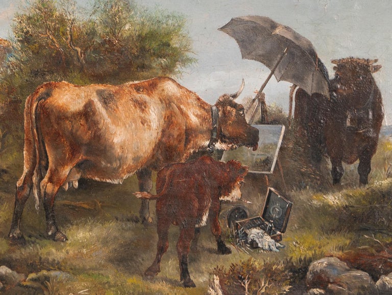 Antique American School Humorous Cow Artist Landscape Signed Oil Painting  For Sale 2