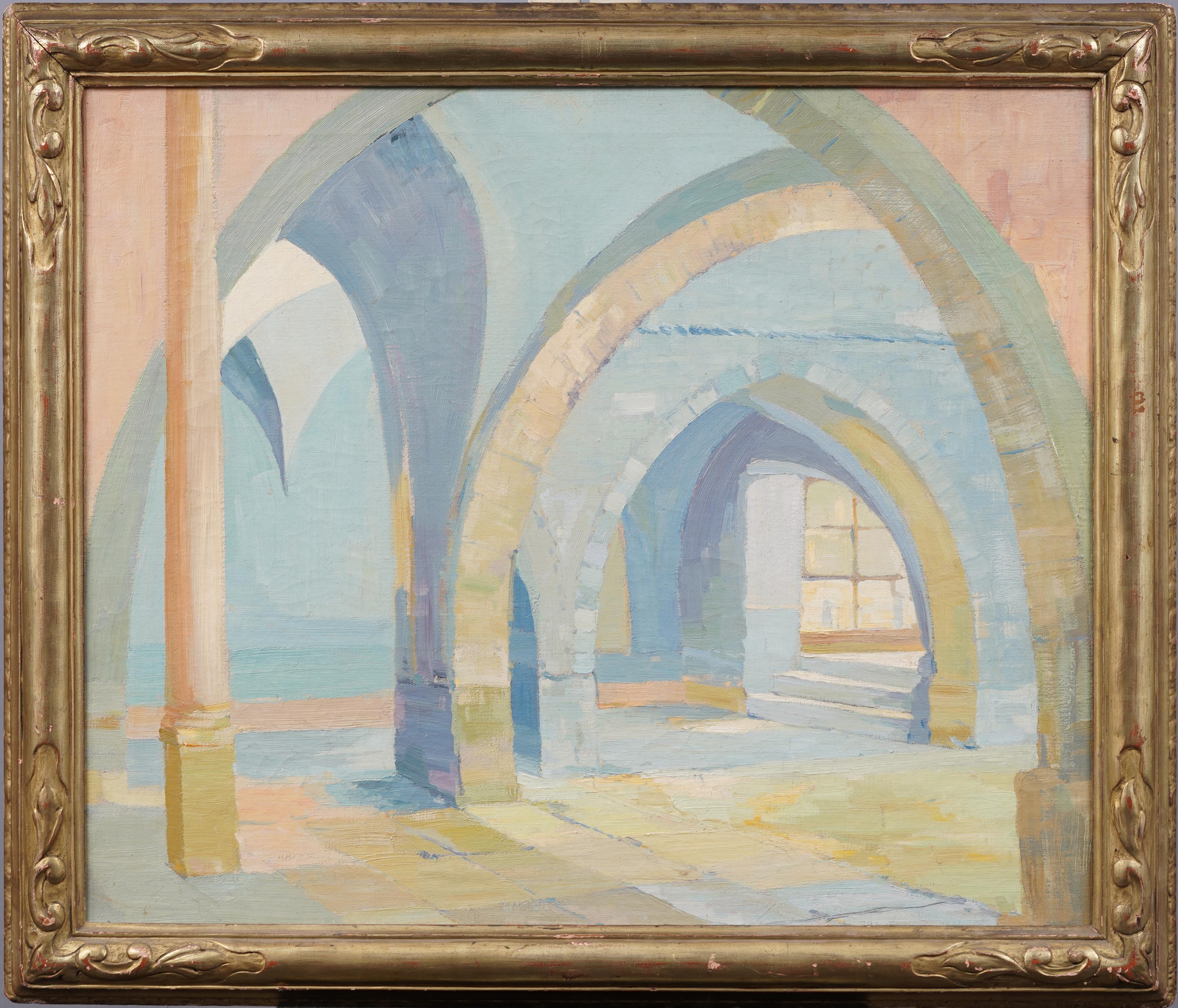 Antiguo cuadro al óleo de una escena arquitectónica interior impresionista de la escuela americana - Painting de Unknown