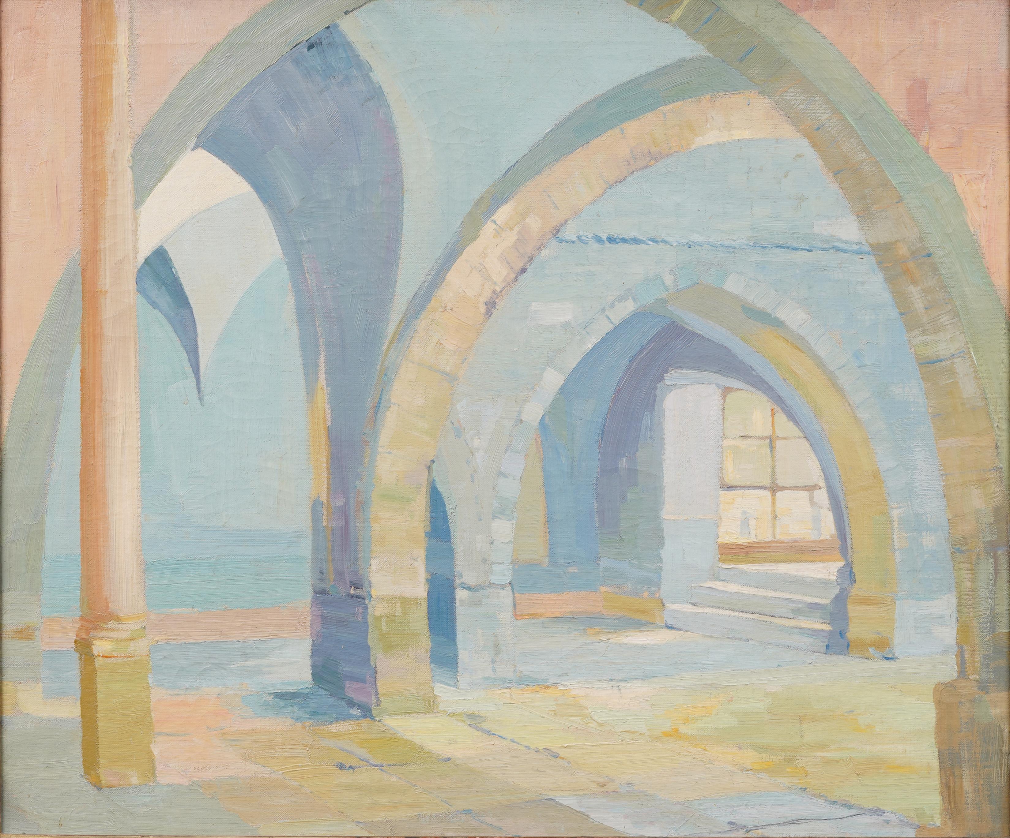 Antiguo cuadro al óleo de una escena arquitectónica interior impresionista de la escuela americana - Painting Impresionista de Unknown