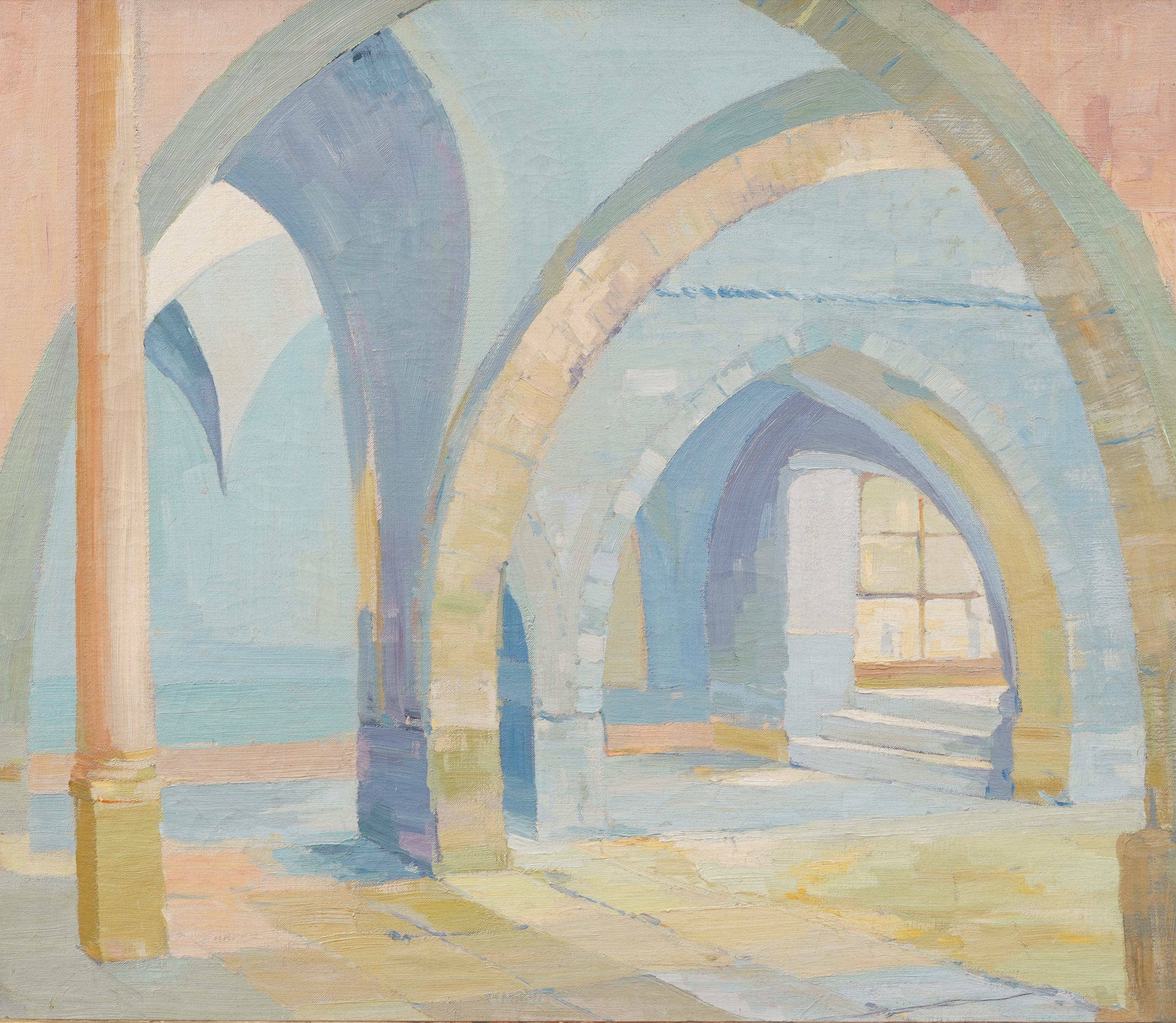 Antiguo cuadro al óleo de una escena arquitectónica interior impresionista de la escuela americana - Landscape Painting Marrón de Unknown