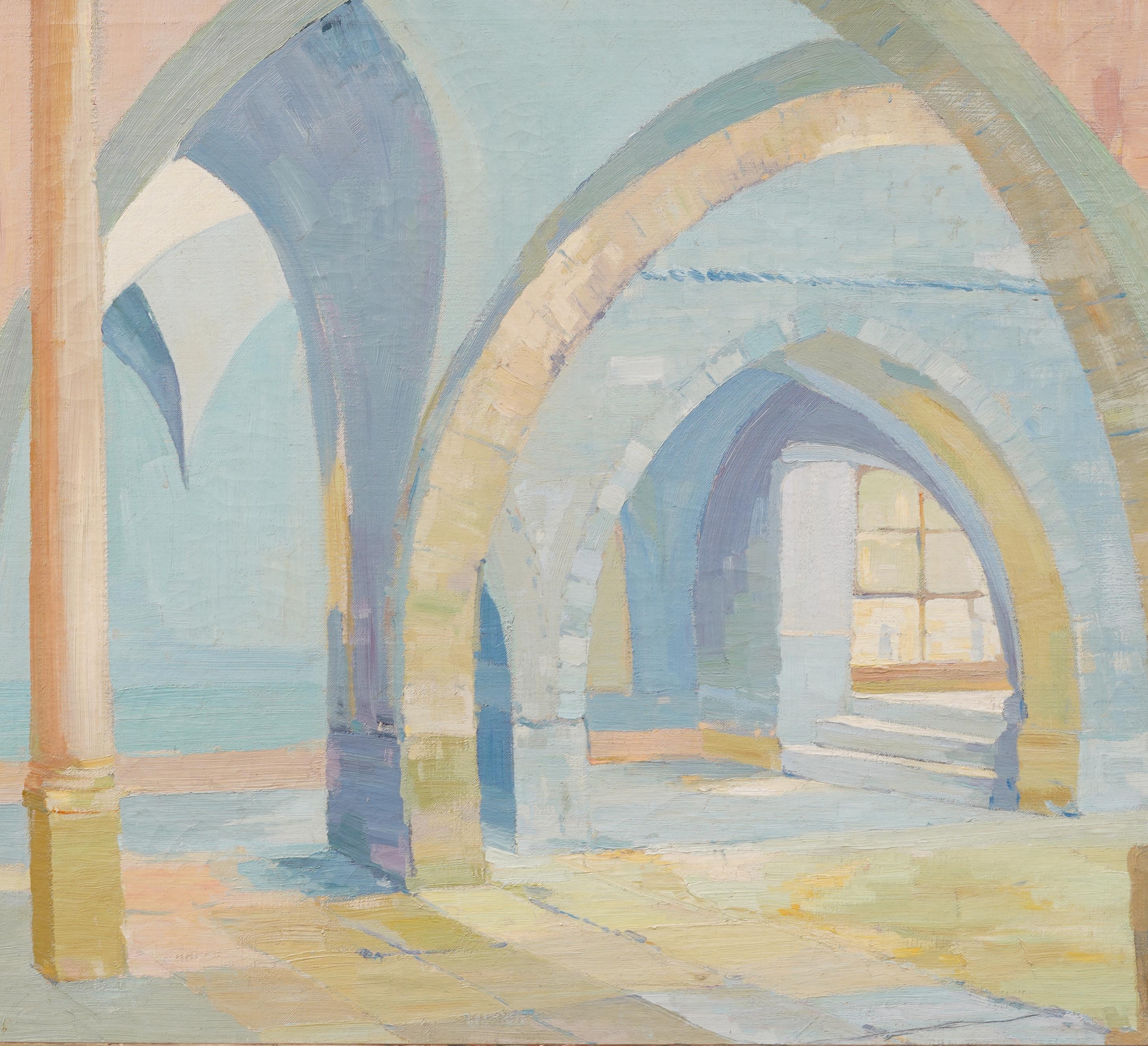 Impresionante pintura al óleo de una escena interior de principios del modernismo estadounidense.  Enmarcado.  Óleo sobre lienzo.   Tamaño de la imagen, 25H por 30L.