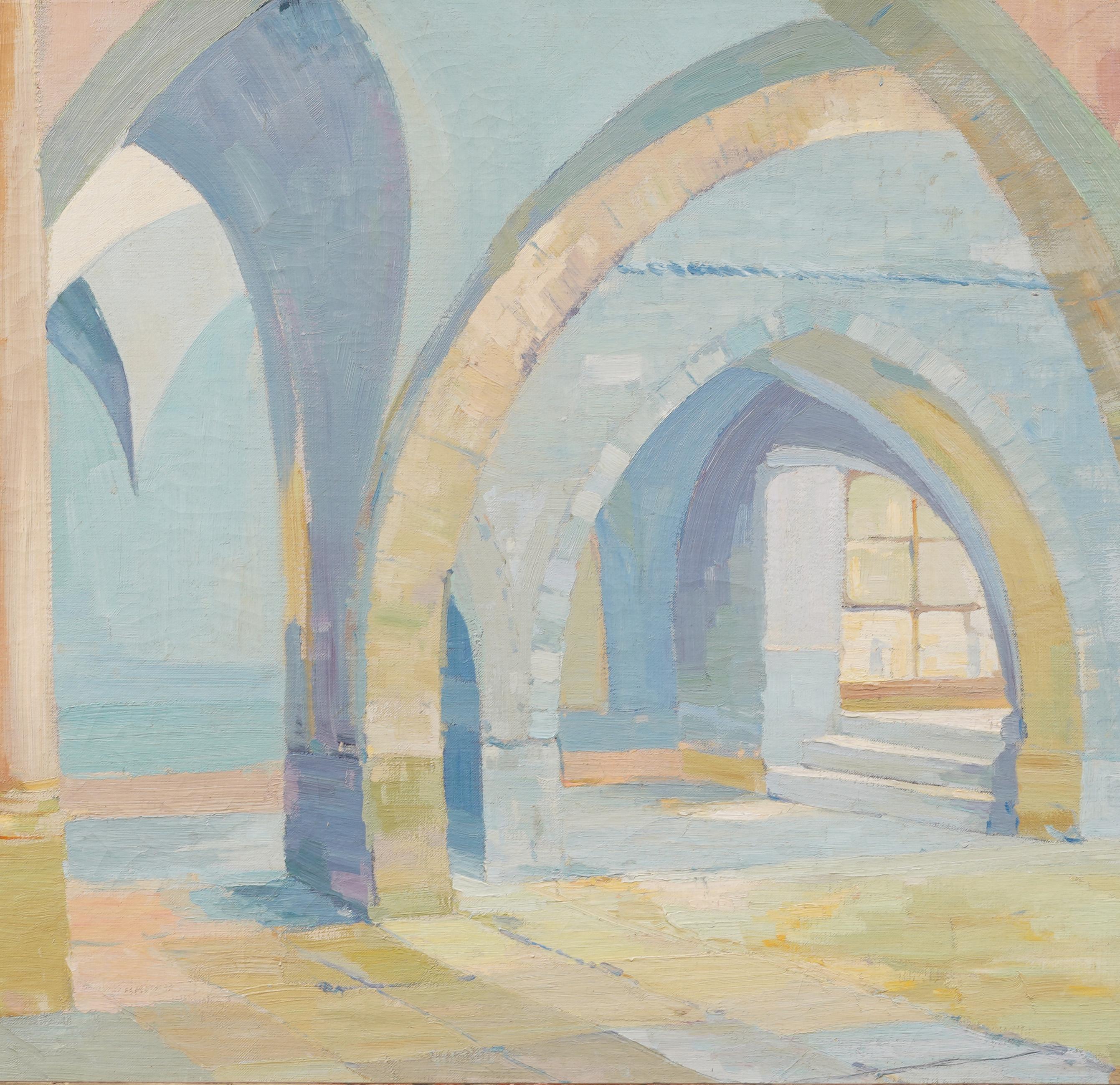 Antiguo cuadro al óleo de una escena arquitectónica interior impresionista de la escuela americana 1