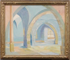 Antiguo cuadro al óleo de una escena arquitectónica interior impresionista de la escuela americana