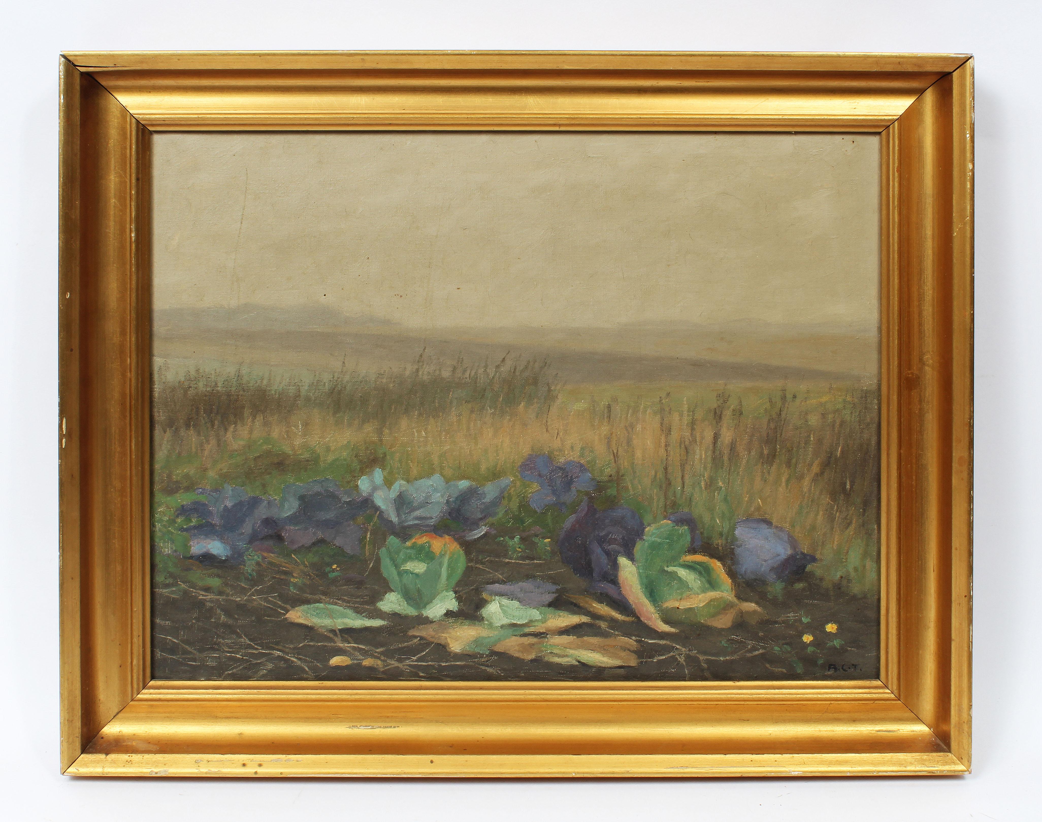 Antique American School Impressionist Cabbage Farm Landscape Signed Oil Painting - Brown Landscape Painting by Unknown