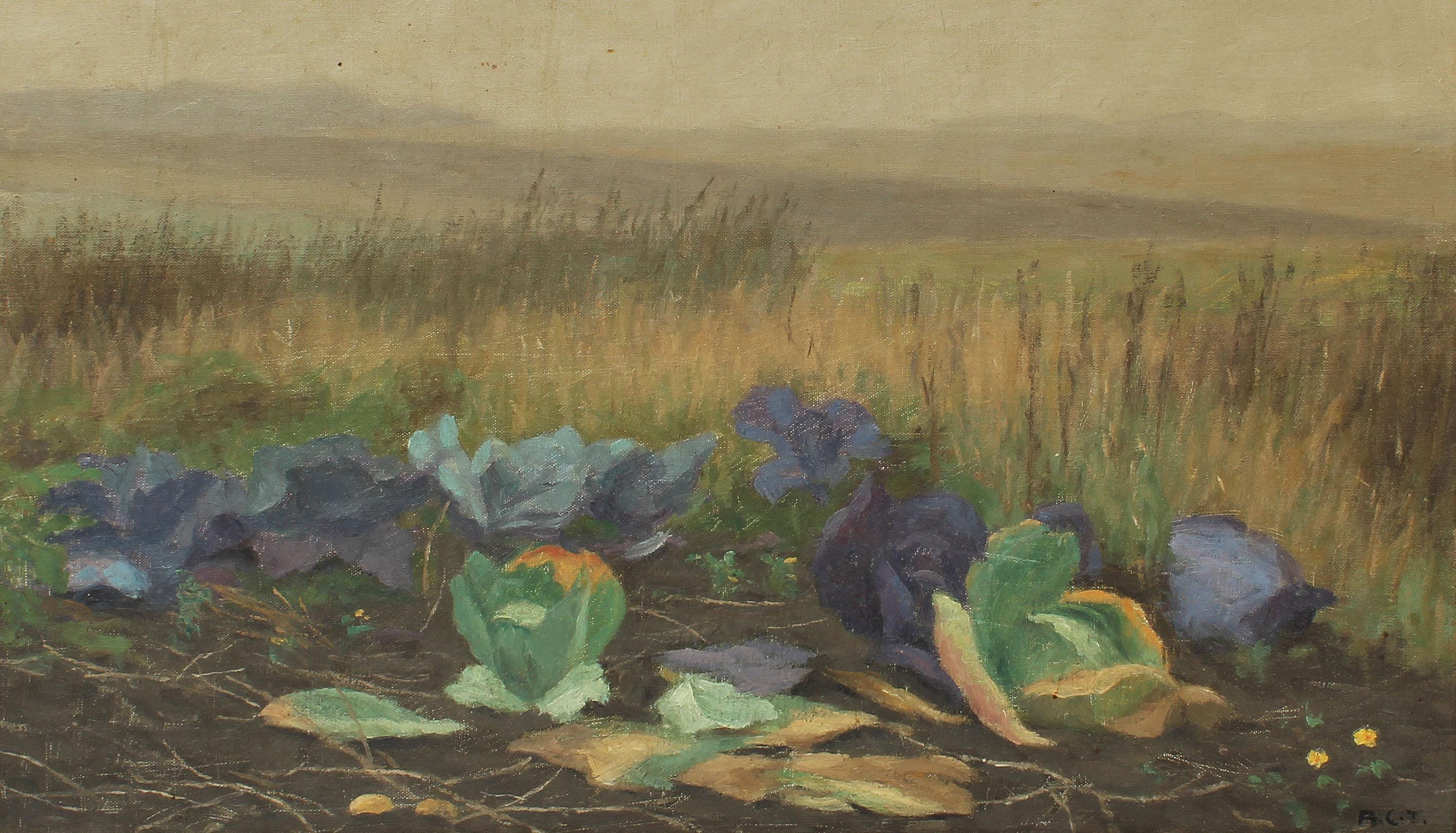 Antique American School Impressionist Cabbage Farm Landscape Signed Oil Painting 1