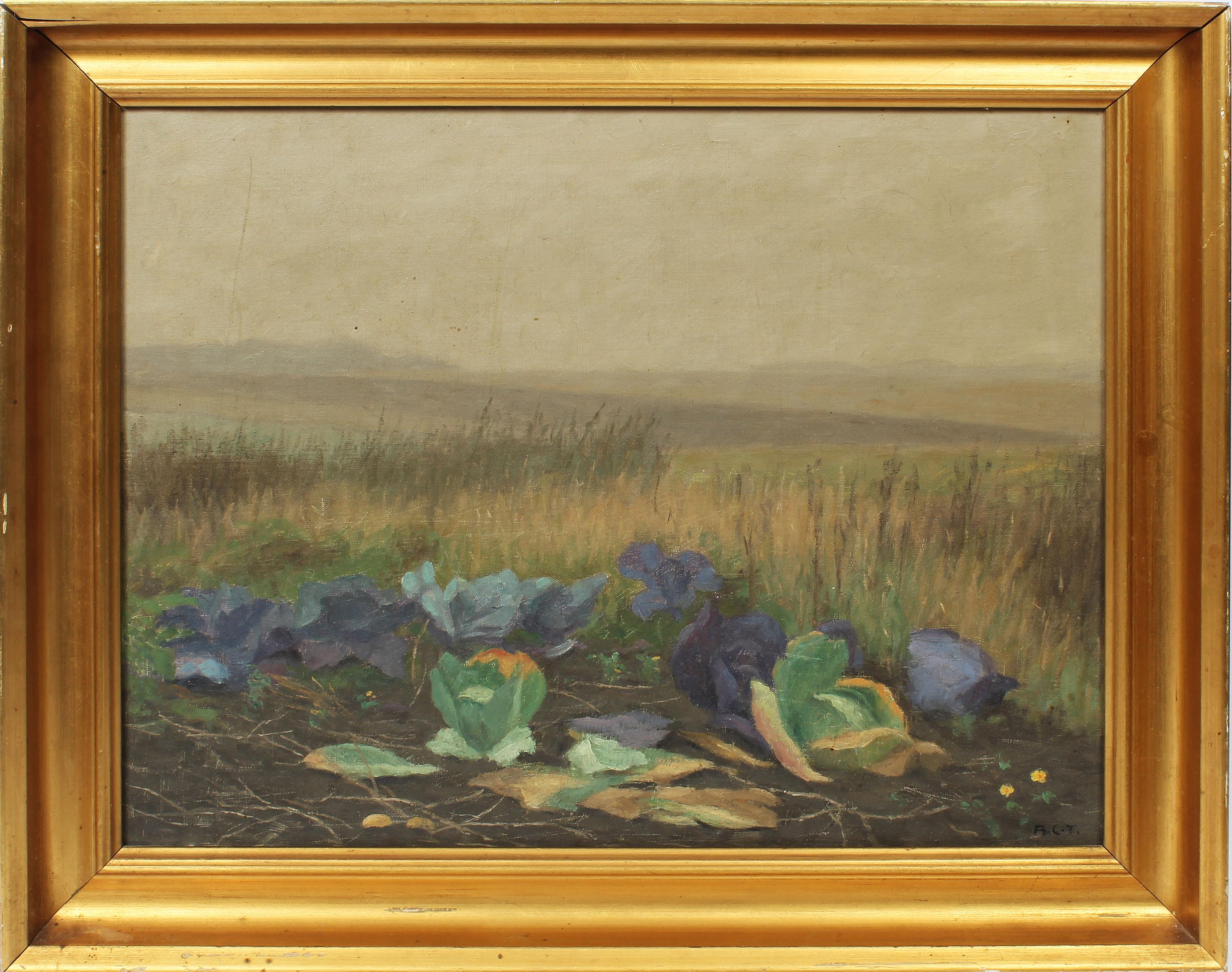 Unknown Landscape Painting - Antique American School Impressionist Cabbage Farm Landscape Signed Oil Painting