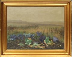 Antique American School Impressionist Cabbage Farm Landscape Signed Oil Painting