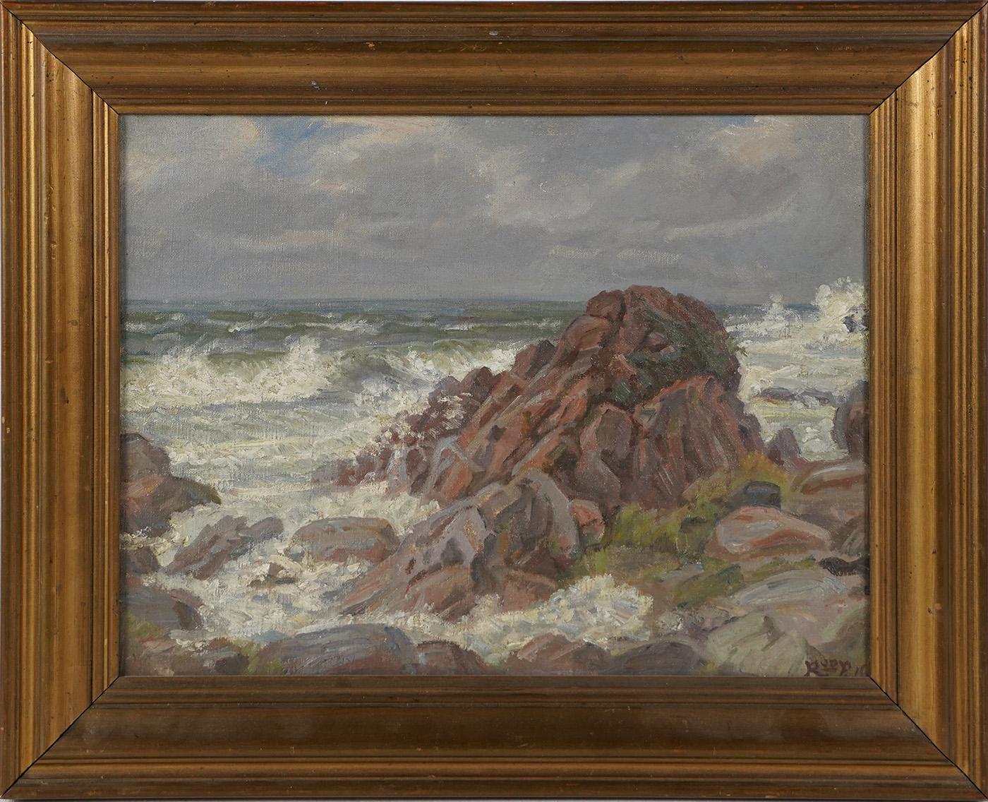 Ancienne peinture à l'huile originale de l'école américaine impressionniste représentant une plage de côte, signée - Painting de Unknown