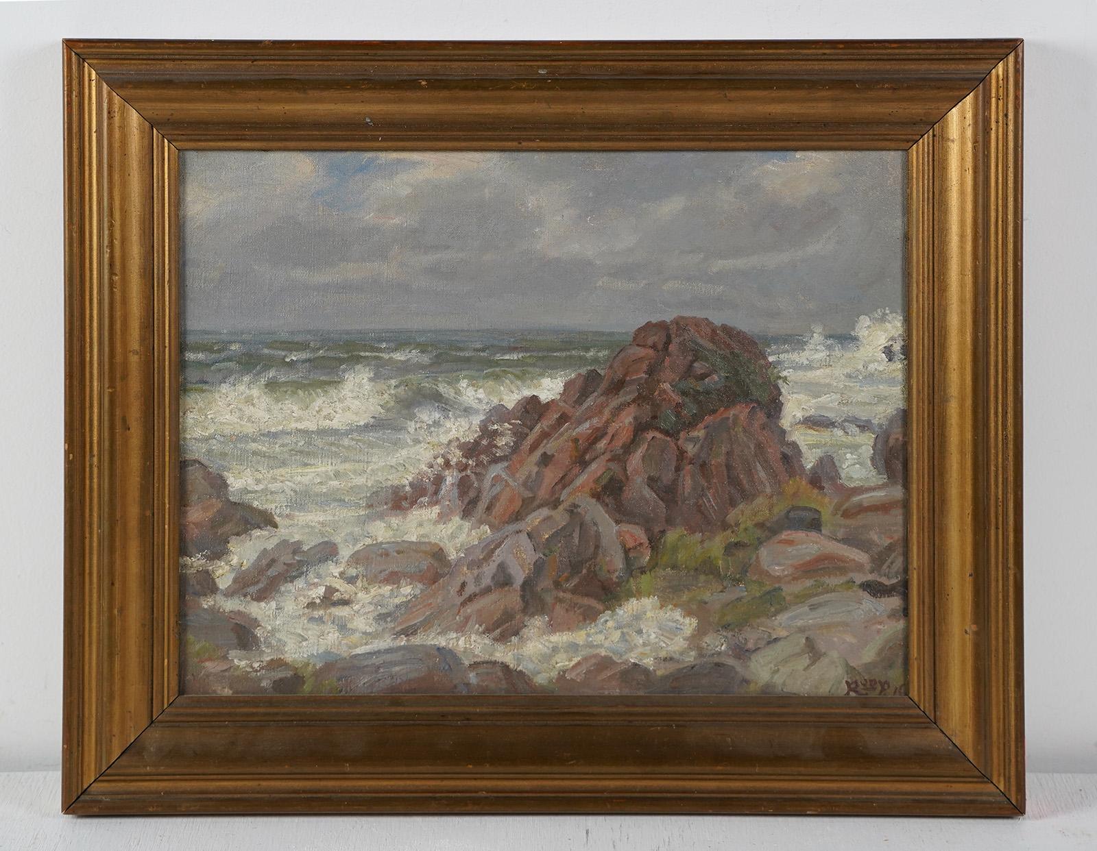 Ancienne peinture à l'huile originale de l'école américaine impressionniste représentant une plage de côte, signée - Impressionnisme Painting par Unknown