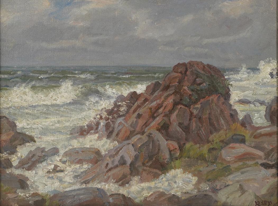 Ancienne peinture à l'huile originale de l'école américaine impressionniste représentant une plage de côte, signée - Marron Landscape Painting par Unknown