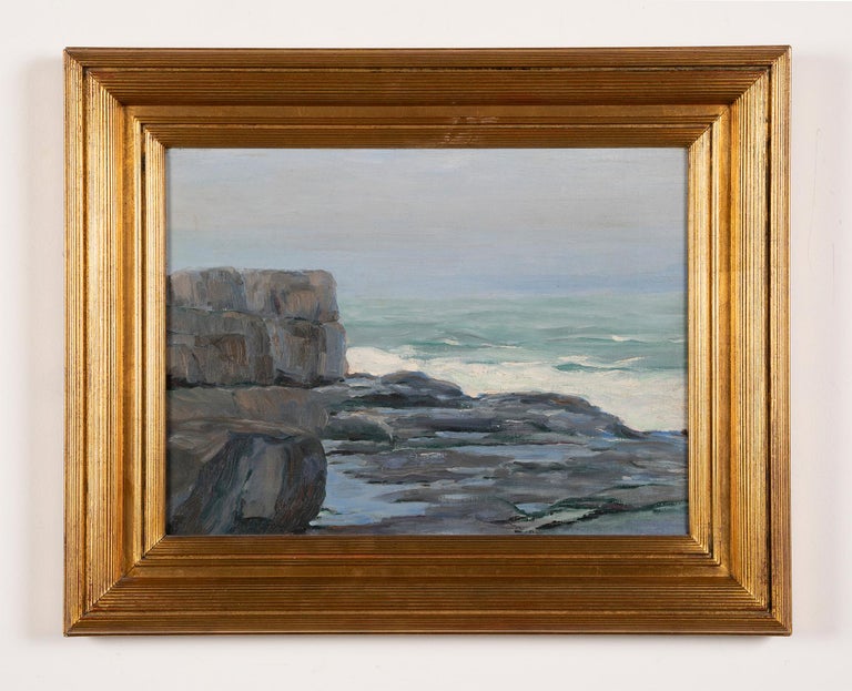 Antique American impressionist seascape oil painting.  Oil on canvas, circa 1900.  No signature found.  Image size, 16L x 12H.  Framed in a period giltwood frame.