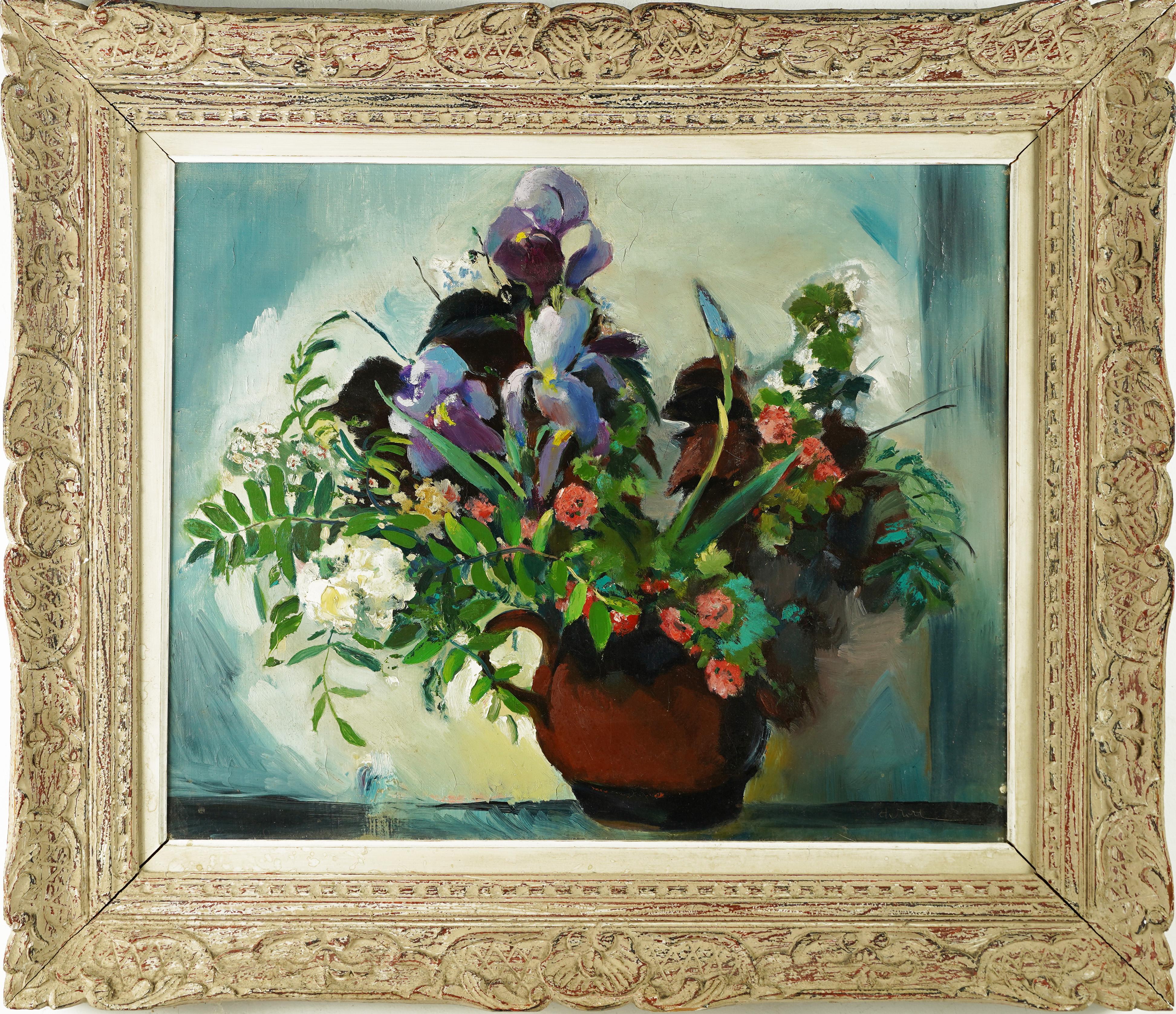 Antique American impressionist flower still life signed oil painting.  Oil on canvas.  Signed.  Framed.  Image size, 25.5L x 21.5H.