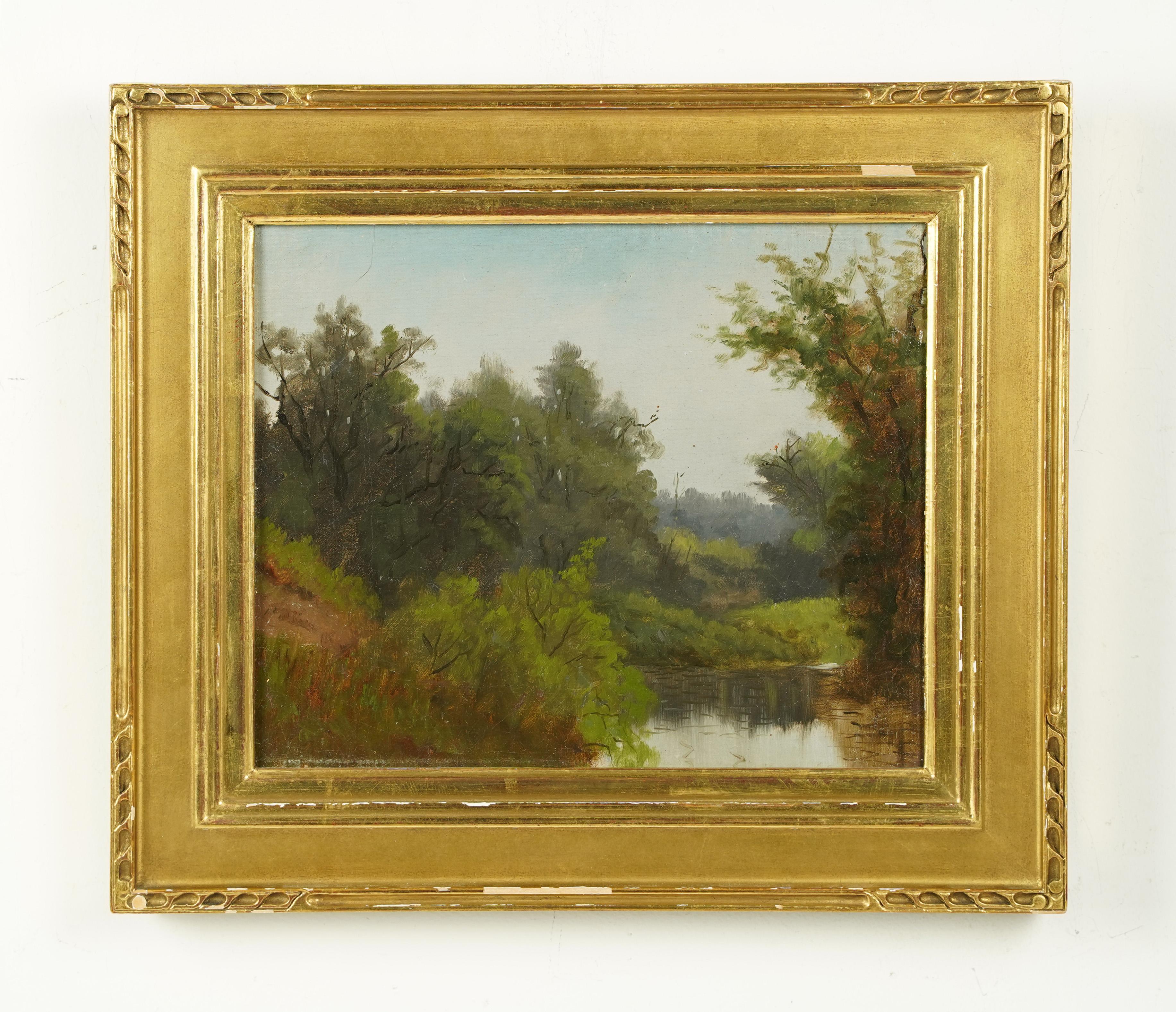  Antique American School Impressionist Forest Interior Giltwood Frame Painting  For Sale 1