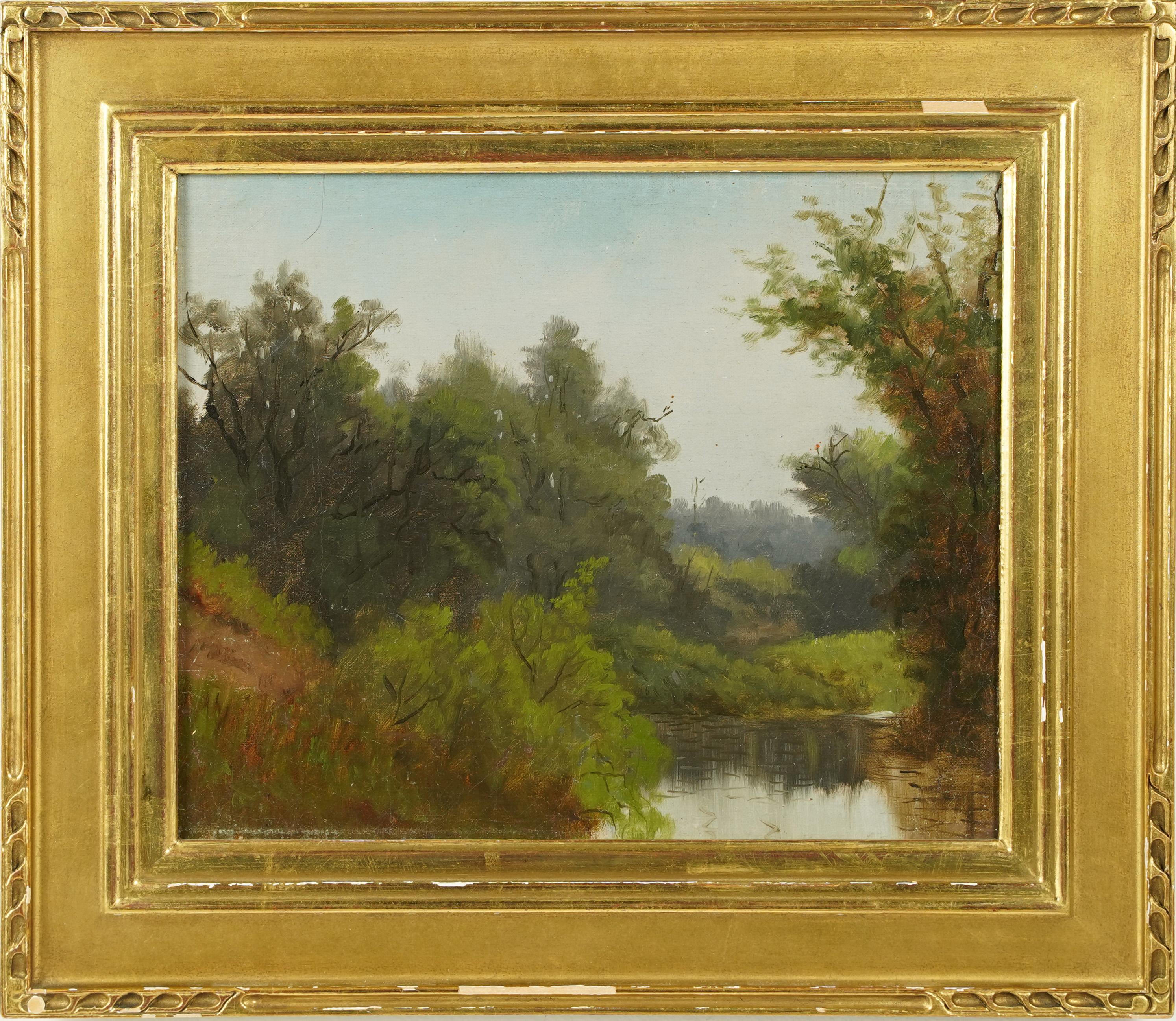 Unknown Landscape Painting –  Antikes impressionistisches Forest Interior-Gemälde mit vergoldetem Holzrahmen der amerikanischen Schule 