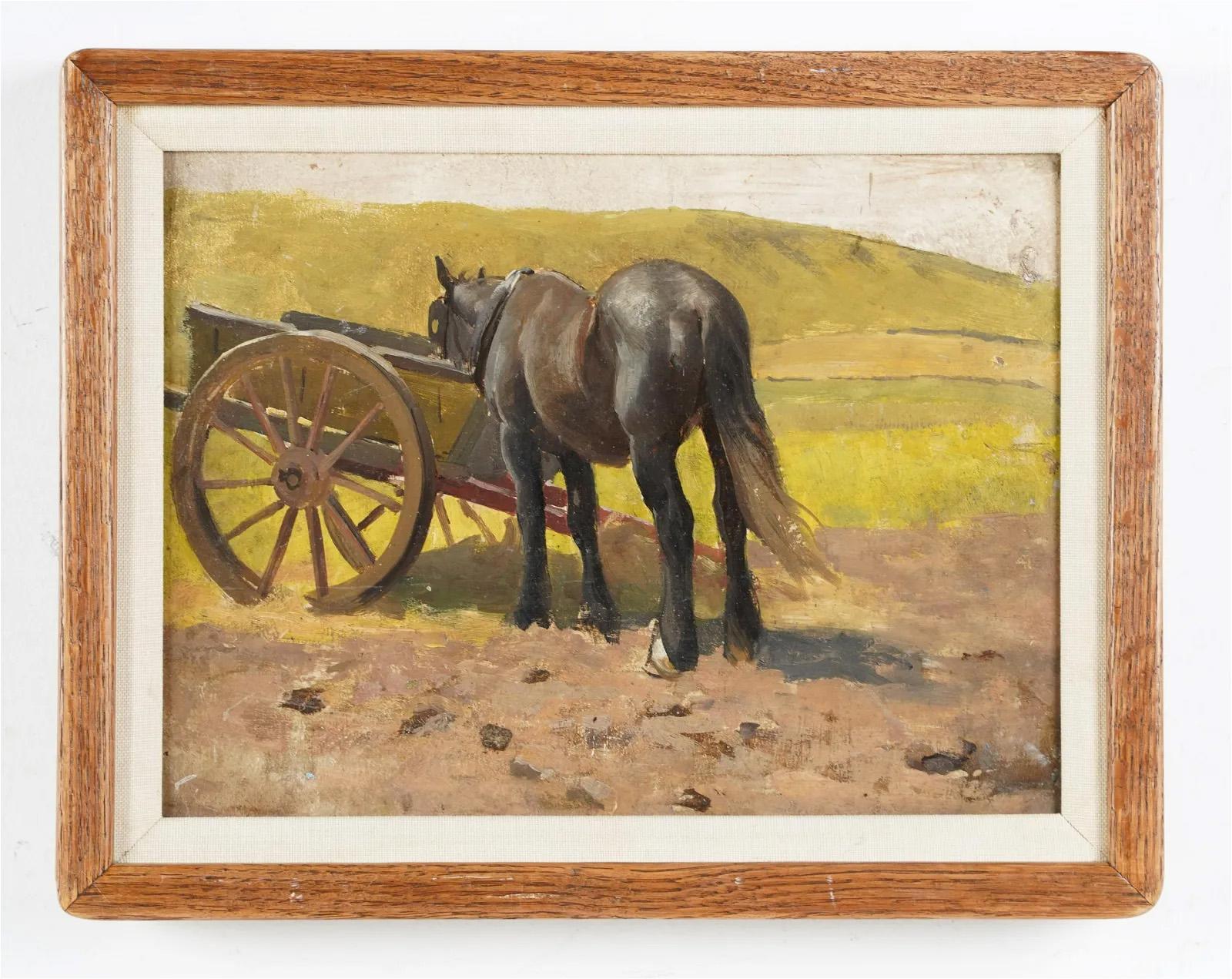 Antique American School Impressionist Horse Landscape Framed Oil Painting For Sale 1