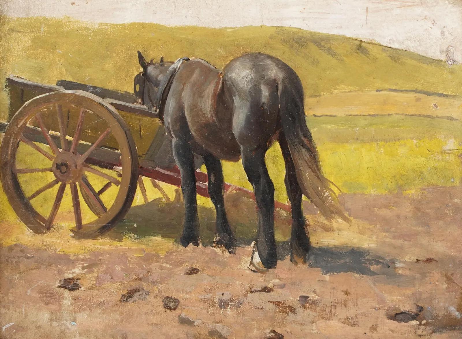 Antico dipinto ad olio incorniciato della Scuola Americana Impressionista con cavallo - Animal Painting Marrone di Unknown