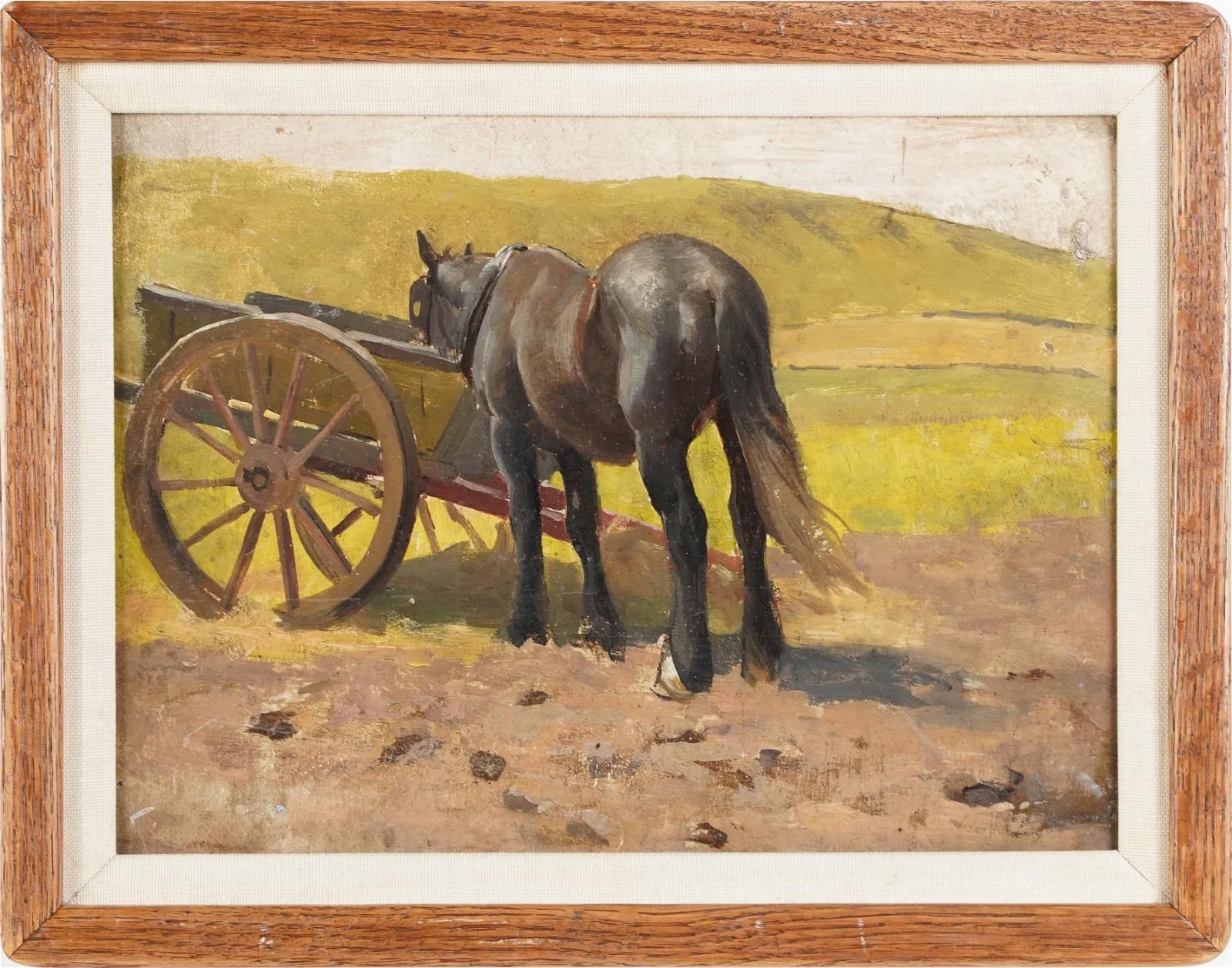 Unknown Animal Painting - Antique American School Impressionist Horse Landscape Framed Oil Painting