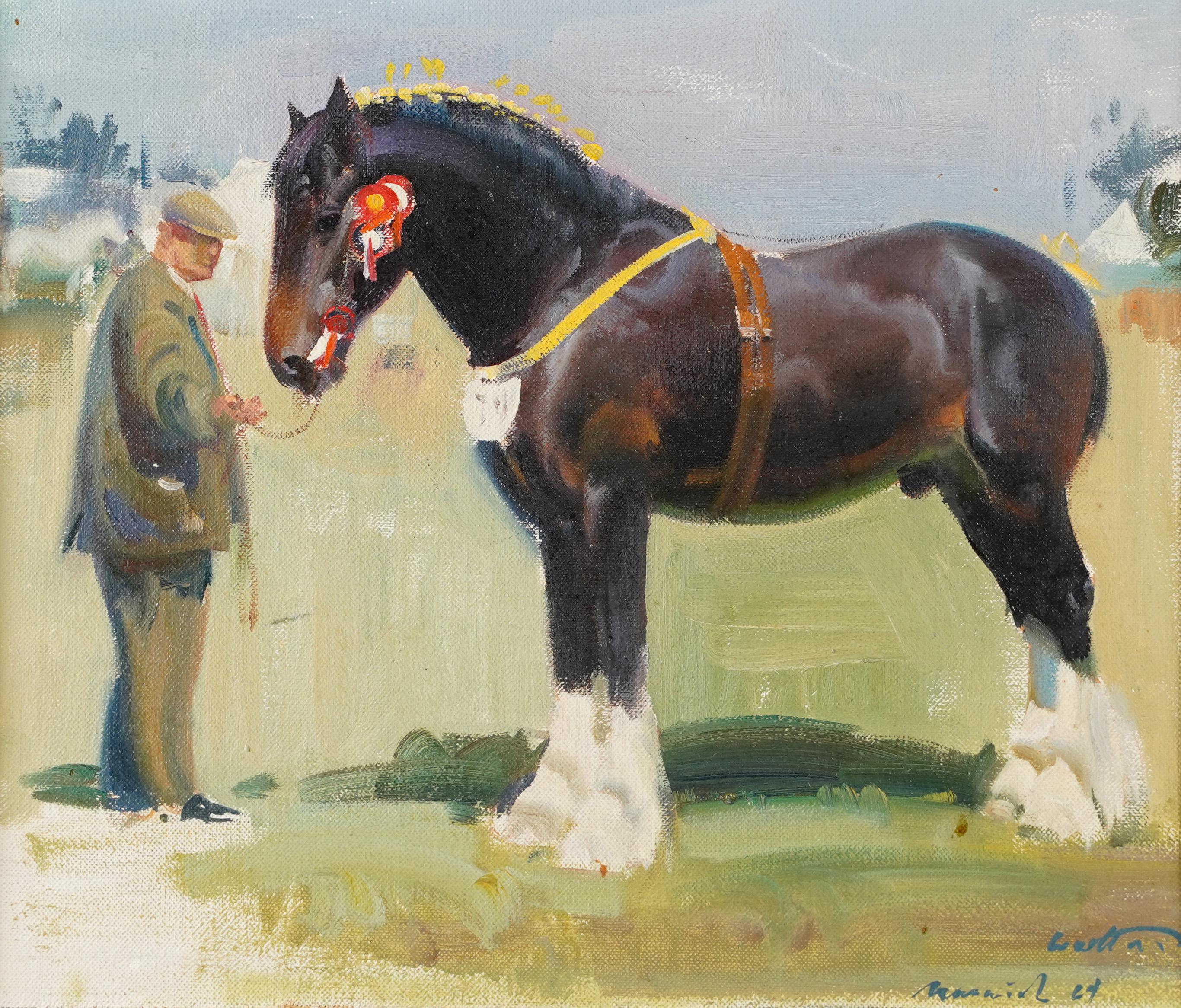 Antikes signiertes Ölgemälde, Impressionistisches Pferderennen der amerikanischen Schule, Clydesdale  (Beige), Animal Painting, von Unknown