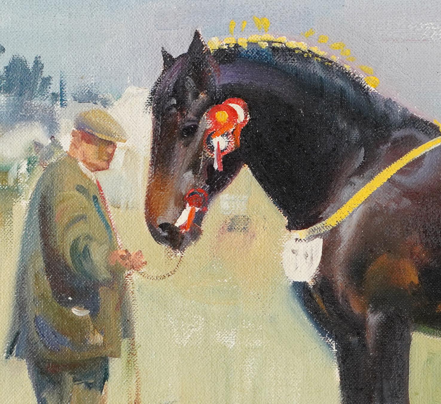 Antique American School Impressionist Horse Race Clydesdale Signed Oil Painting - Beige Animal Painting by Unknown