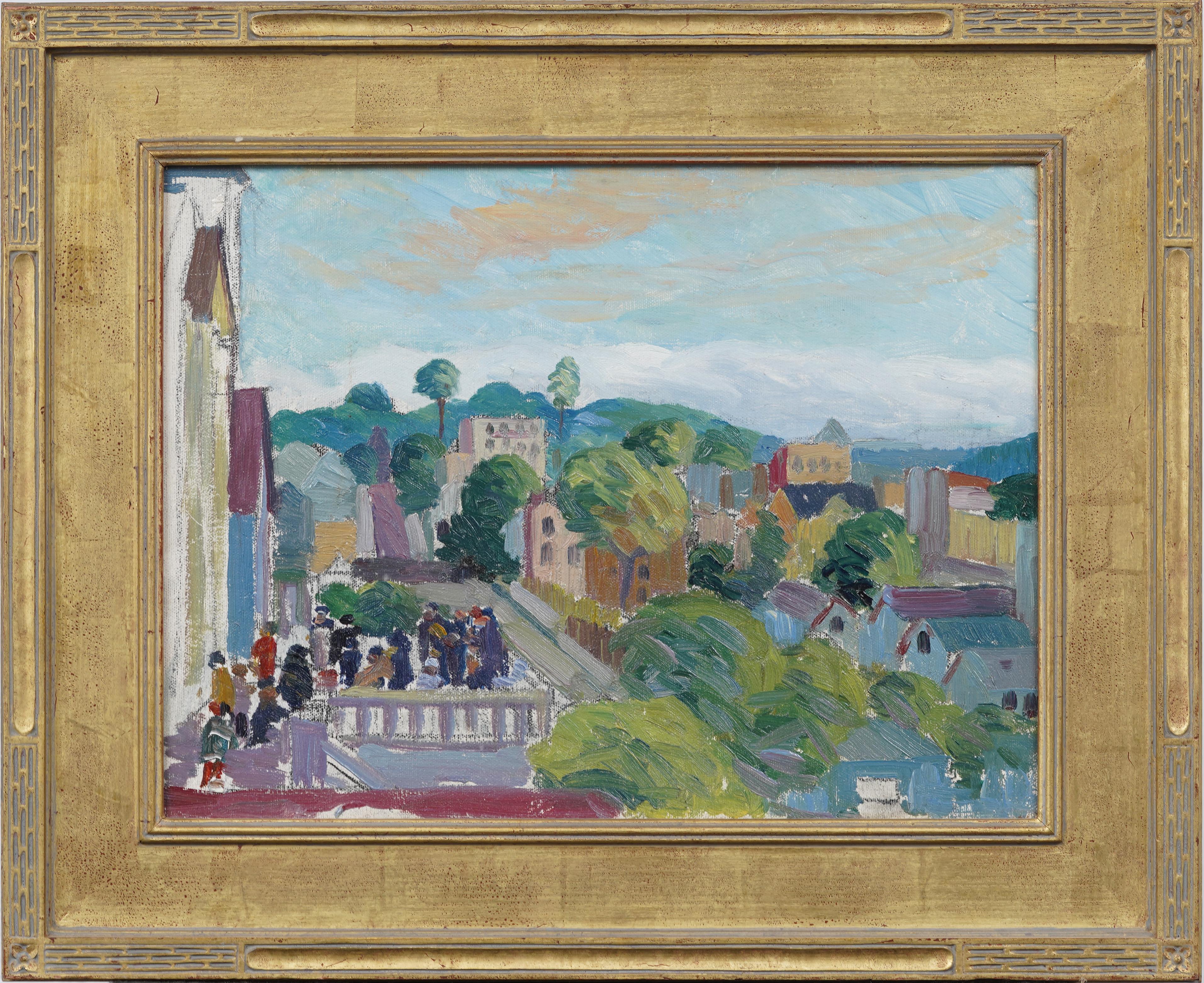 Abstract Painting de Unknown - Antiguo paisaje impresionista de la escuela americana Pintura al óleo bien enmarcada