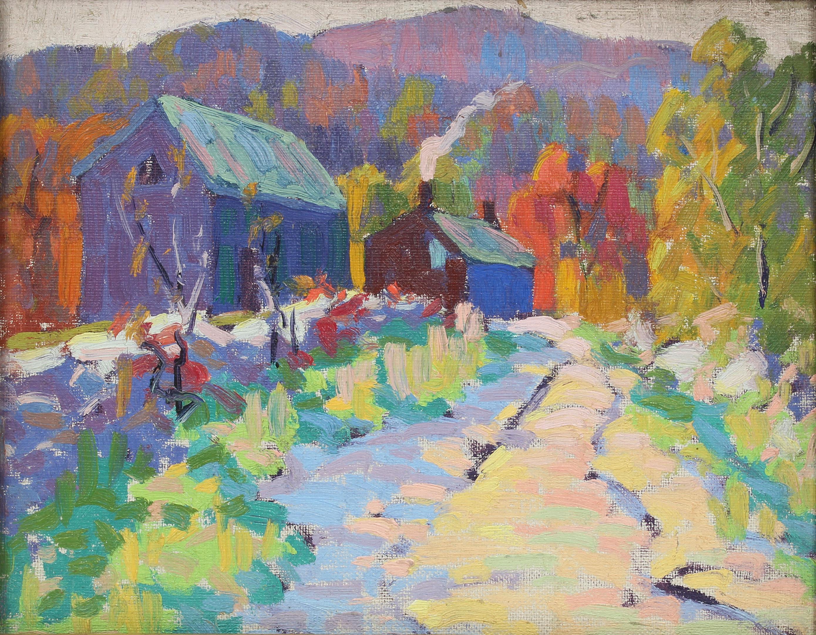 Antique American School Impressionist New England Fall Woods Fauvist NY Painting - Brown Landscape Painting by Unknown