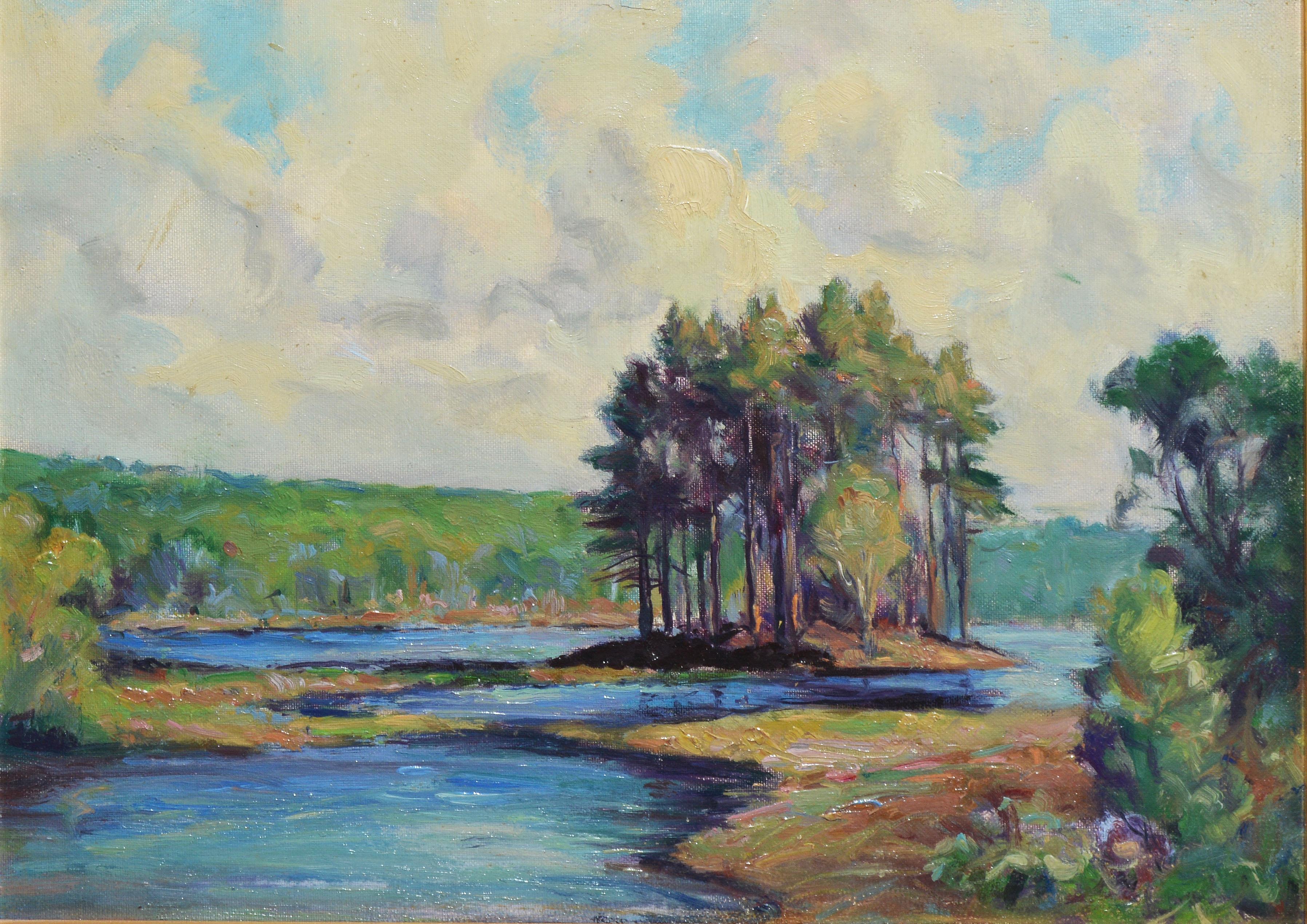 Antique American School Impressionist New England Summer Lake Oil Painting - Brown Landscape Painting by Unknown