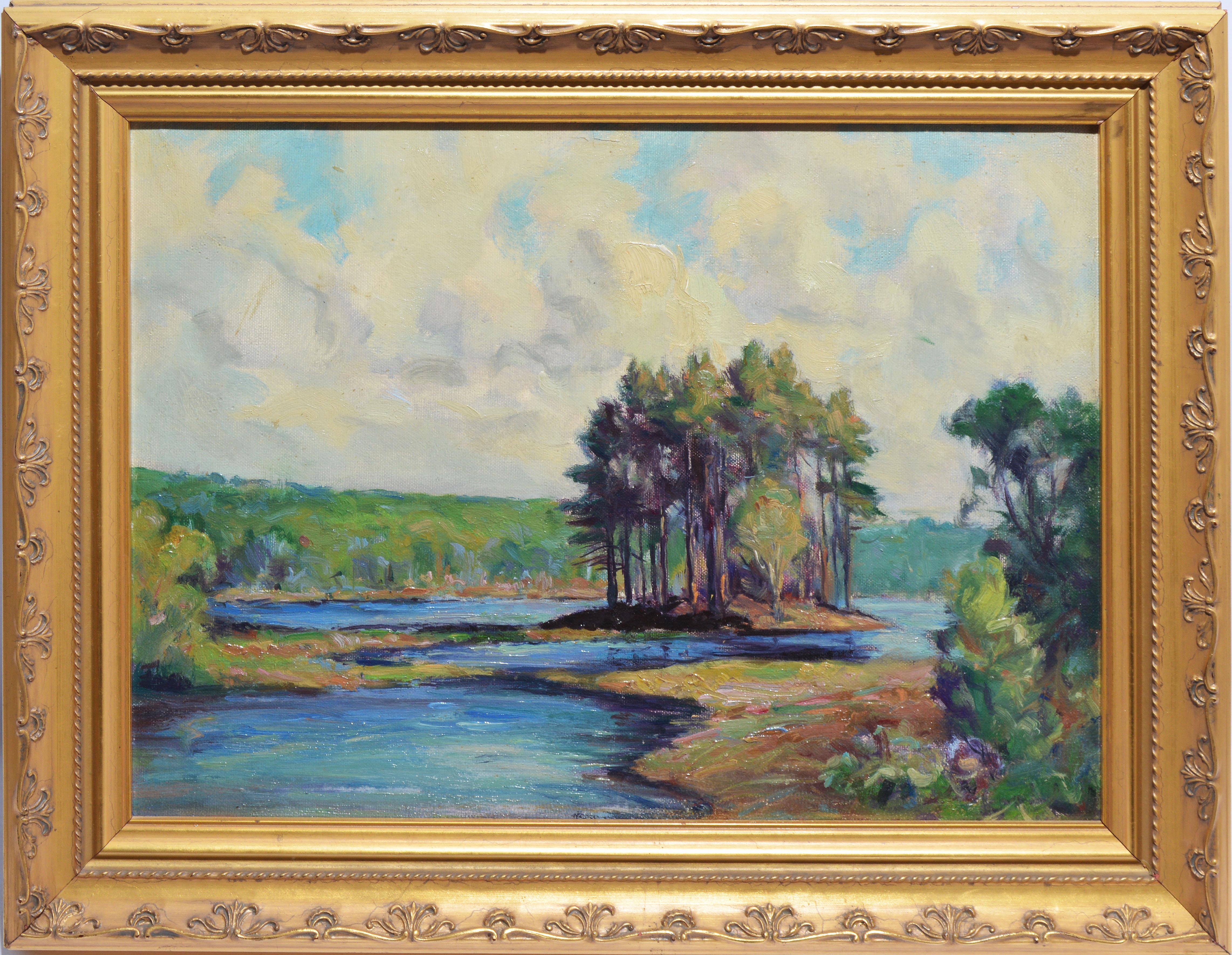 Unknown Landscape Painting - Antique American School Impressionist New England Summer Lake Oil Painting