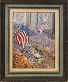 Antique American School Impressionist New York City Parade Street Scene Painting