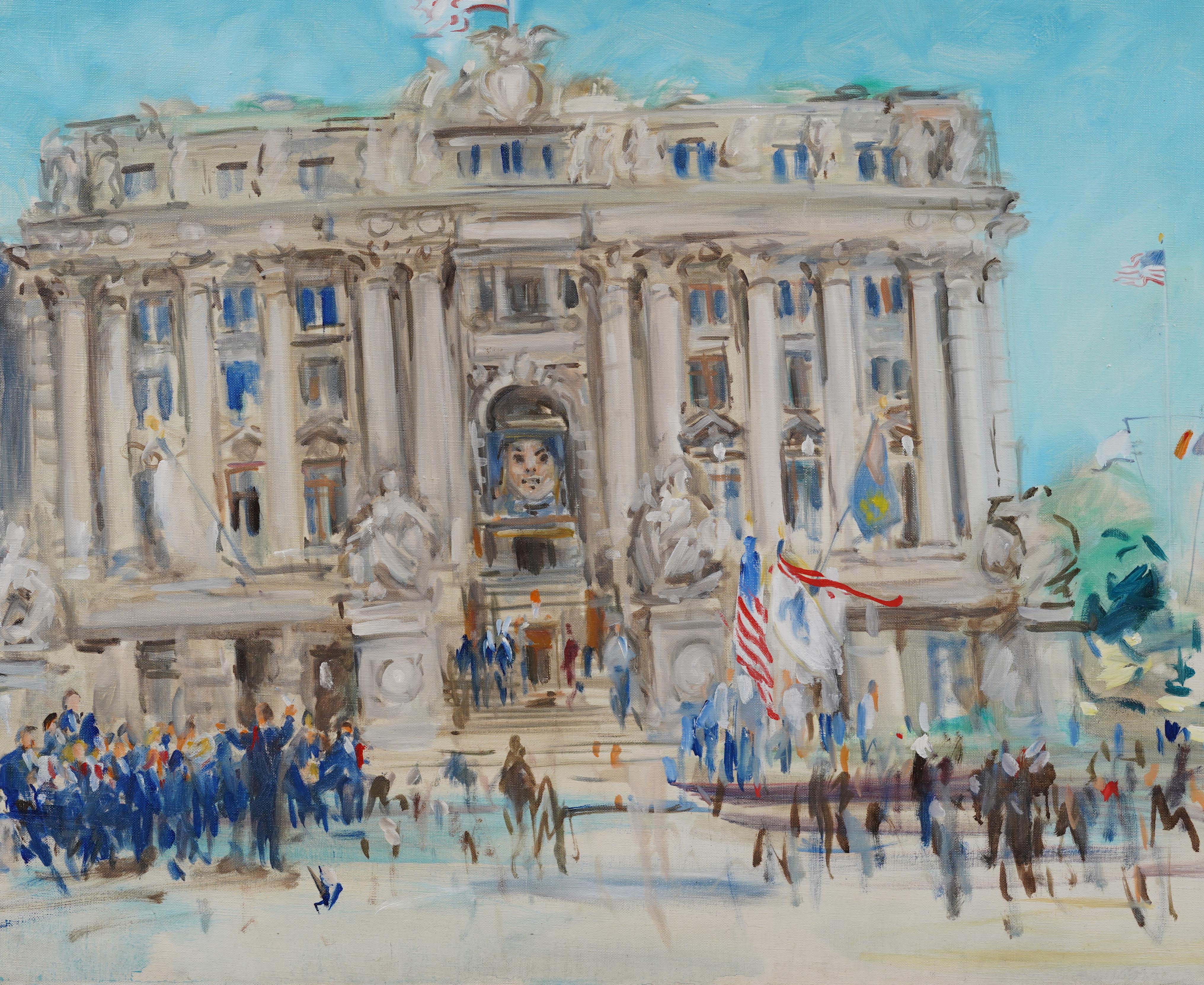 Quadro impressionista di metà secolo ben dipinto di New York.  Ottimo colore e composizione.  Incorniciato.  Nessuna firma trovata.