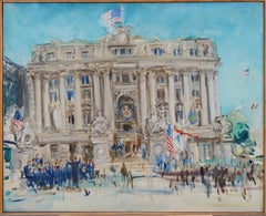 Antique école américaine impressionniste New York Library Cityscape peinture à l'huile