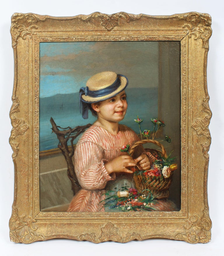 Antique American School Impressionist Portrait Nautical Flower Rare Oil Painting - Brown Landscape Painting by Unknown