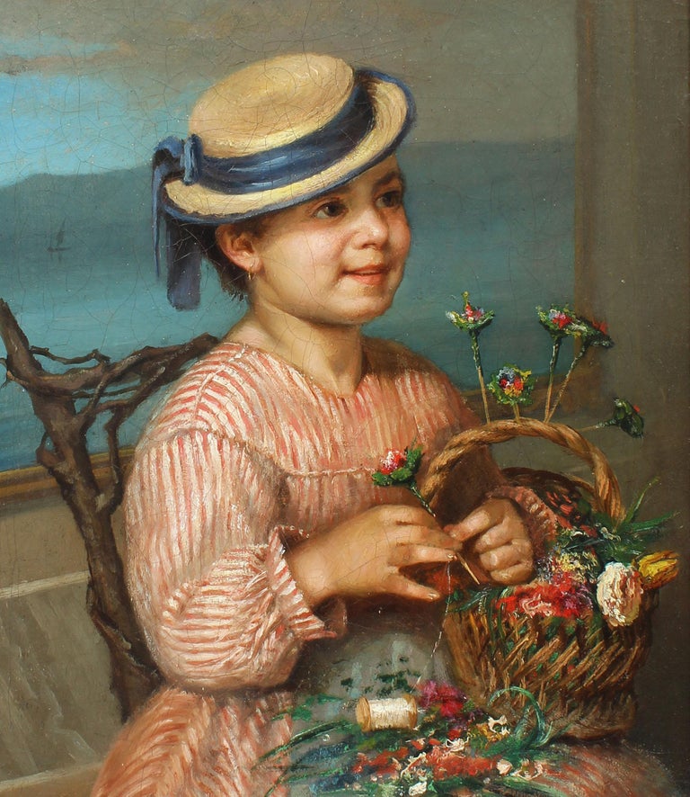 Antique American School Impressionist Portrait Nautical Flower Rare Oil Painting For Sale 1